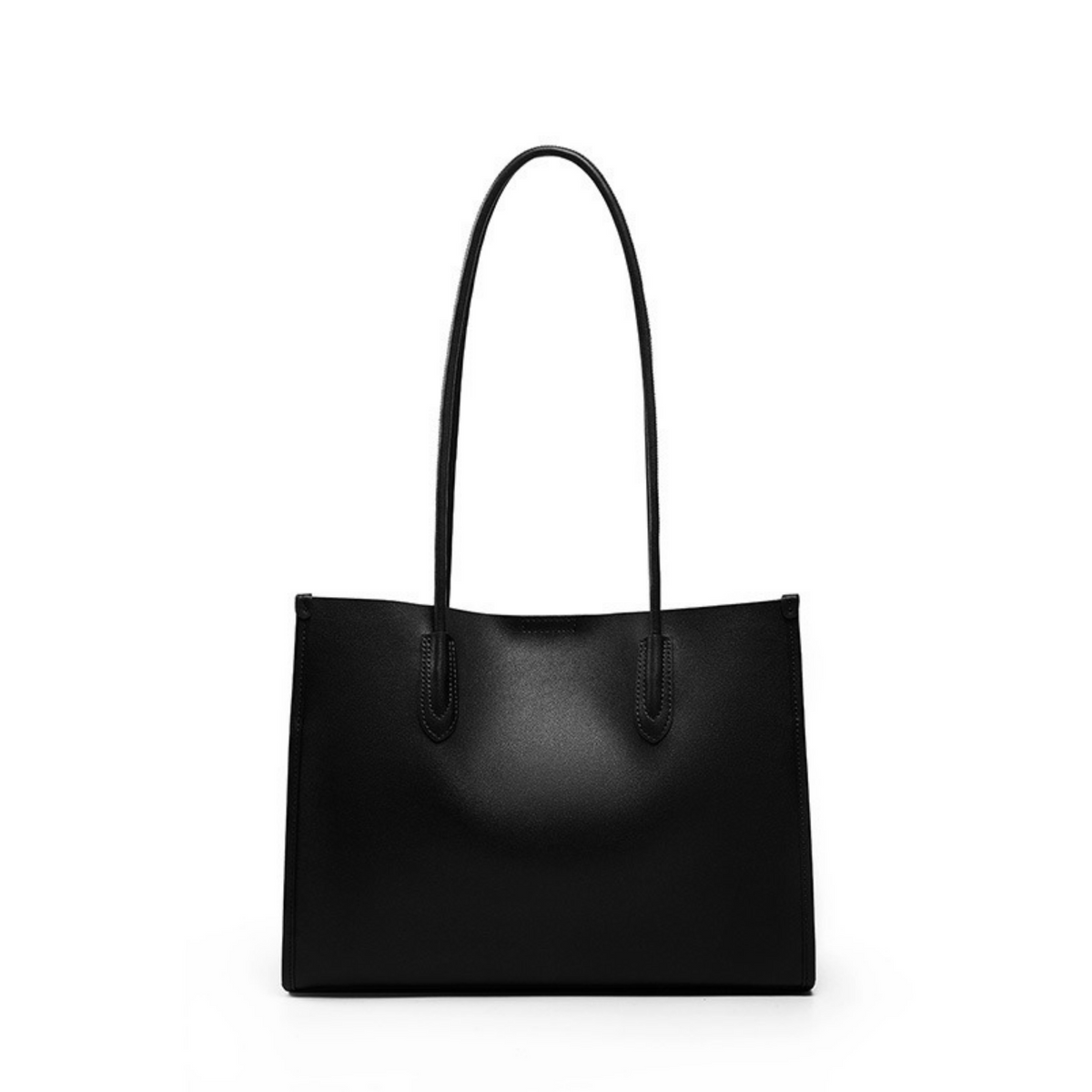 Onyx leather tote bag with two top handles and smooth front panel