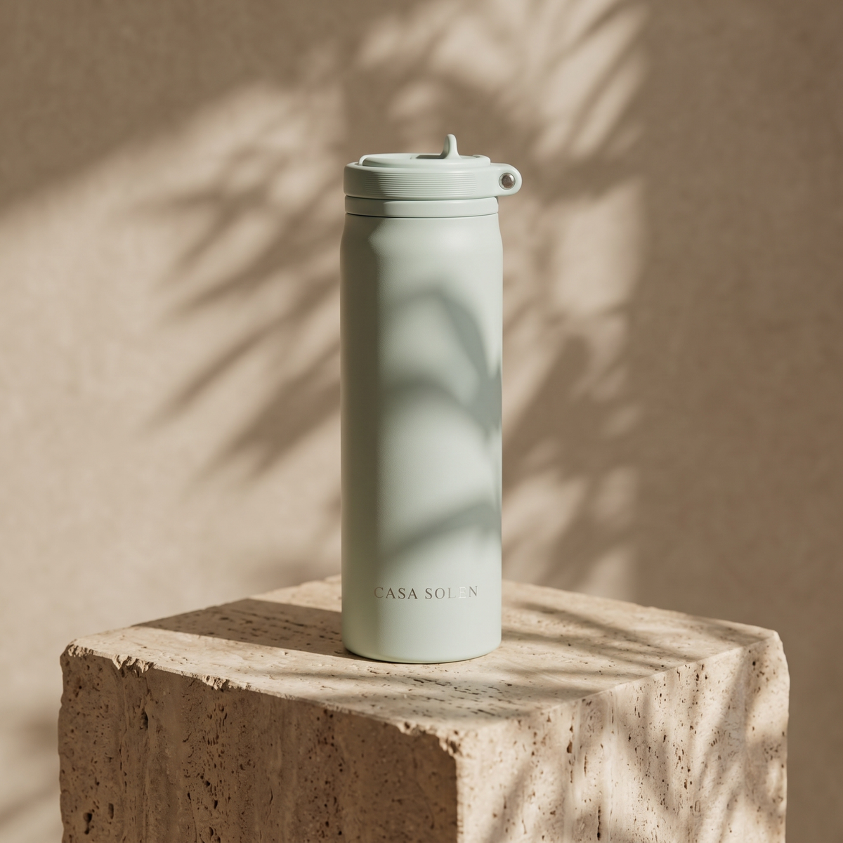 Insulated stainless steel drink bottle, mint-blue with flip-top lid and carry handle
