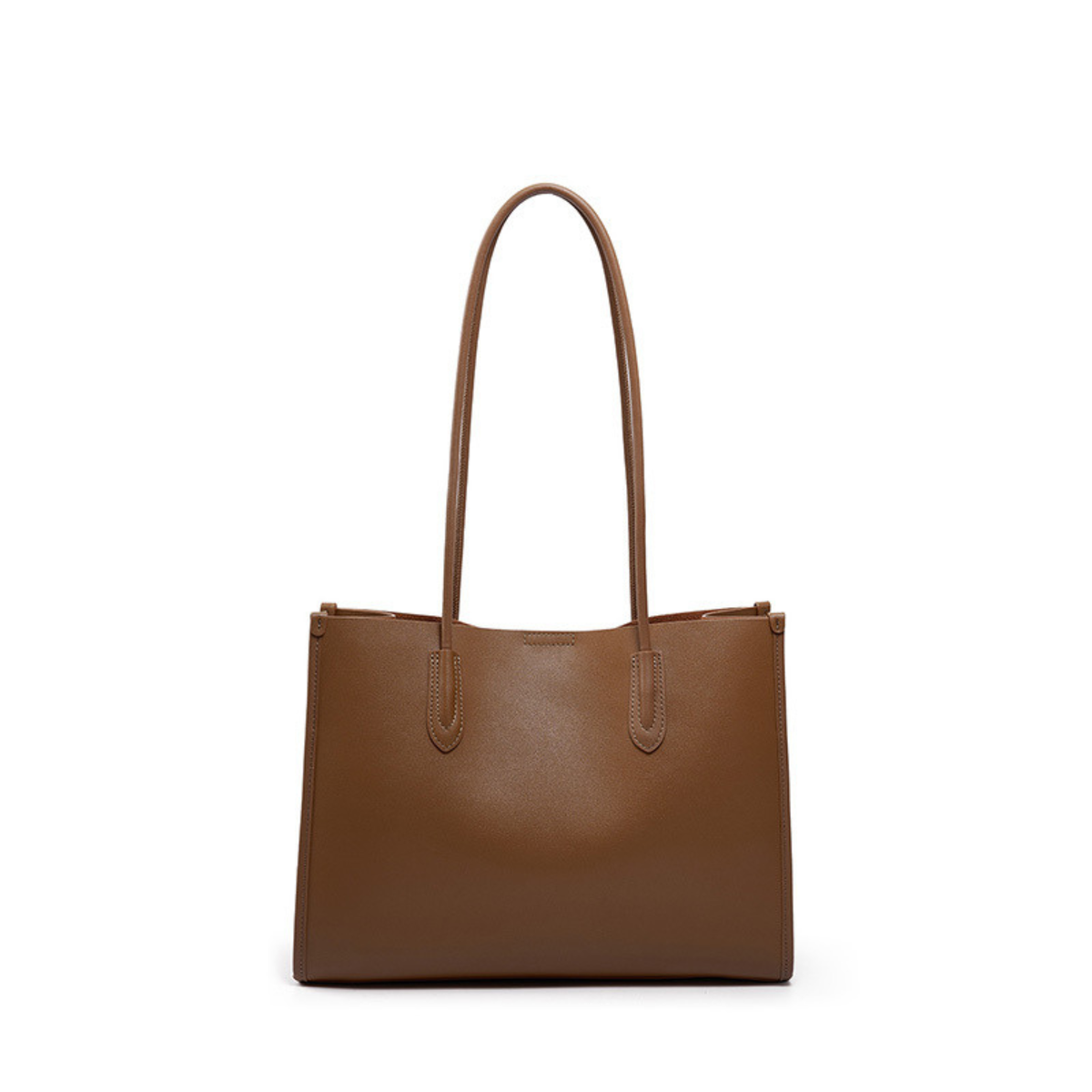 Brown leather tote bag with two top handles