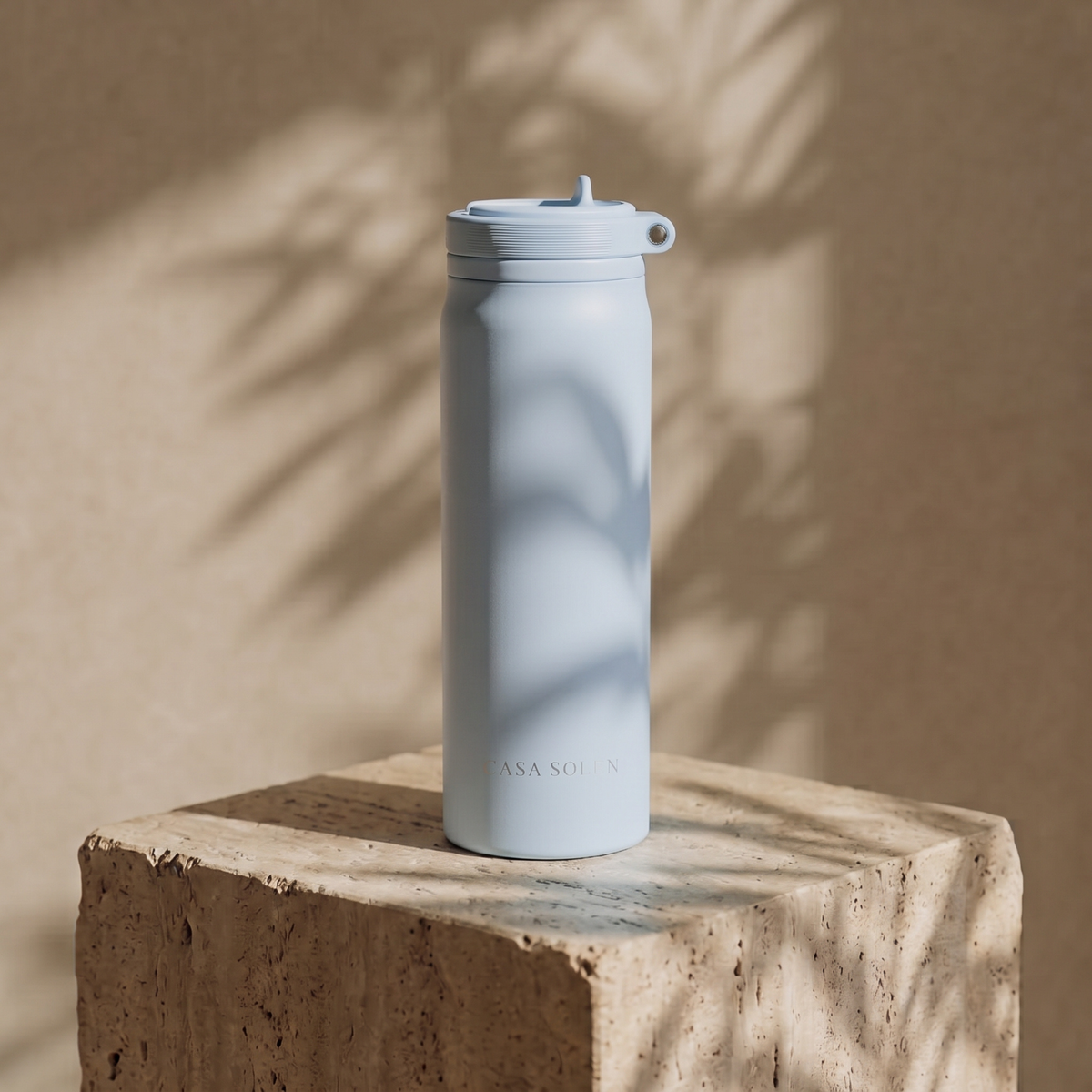 Sky blue insulated stainless steel drink bottle with flip-top cap