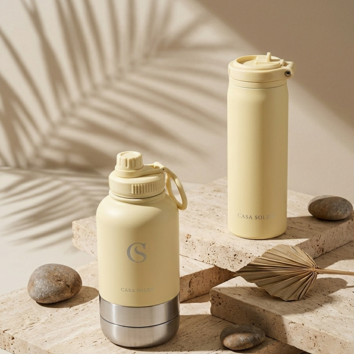 Butter yellow insulated stainless steel drink bottle with handle and cap