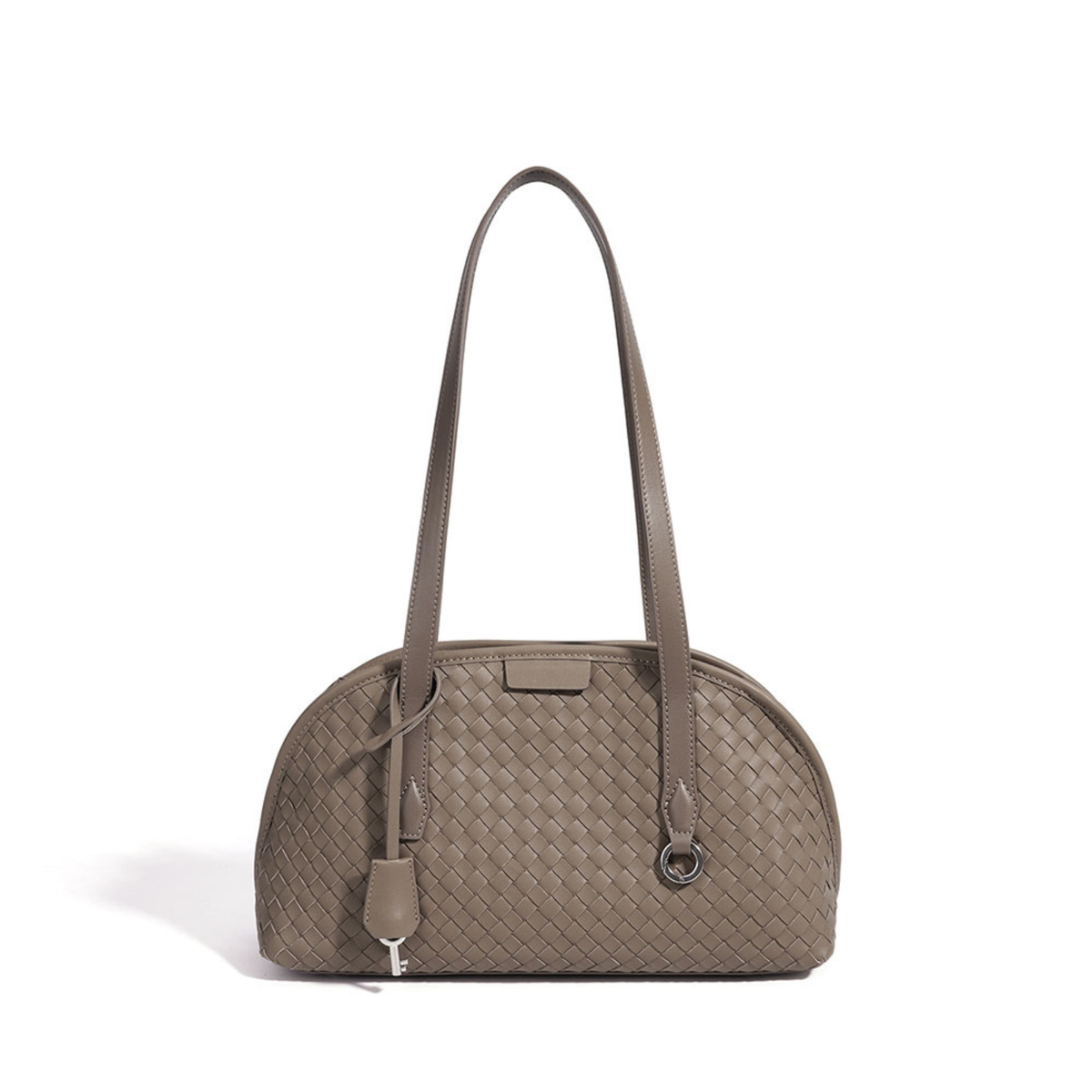 Taupe woven leather shoulder tote bag with zip closure, two top handles, and key charm