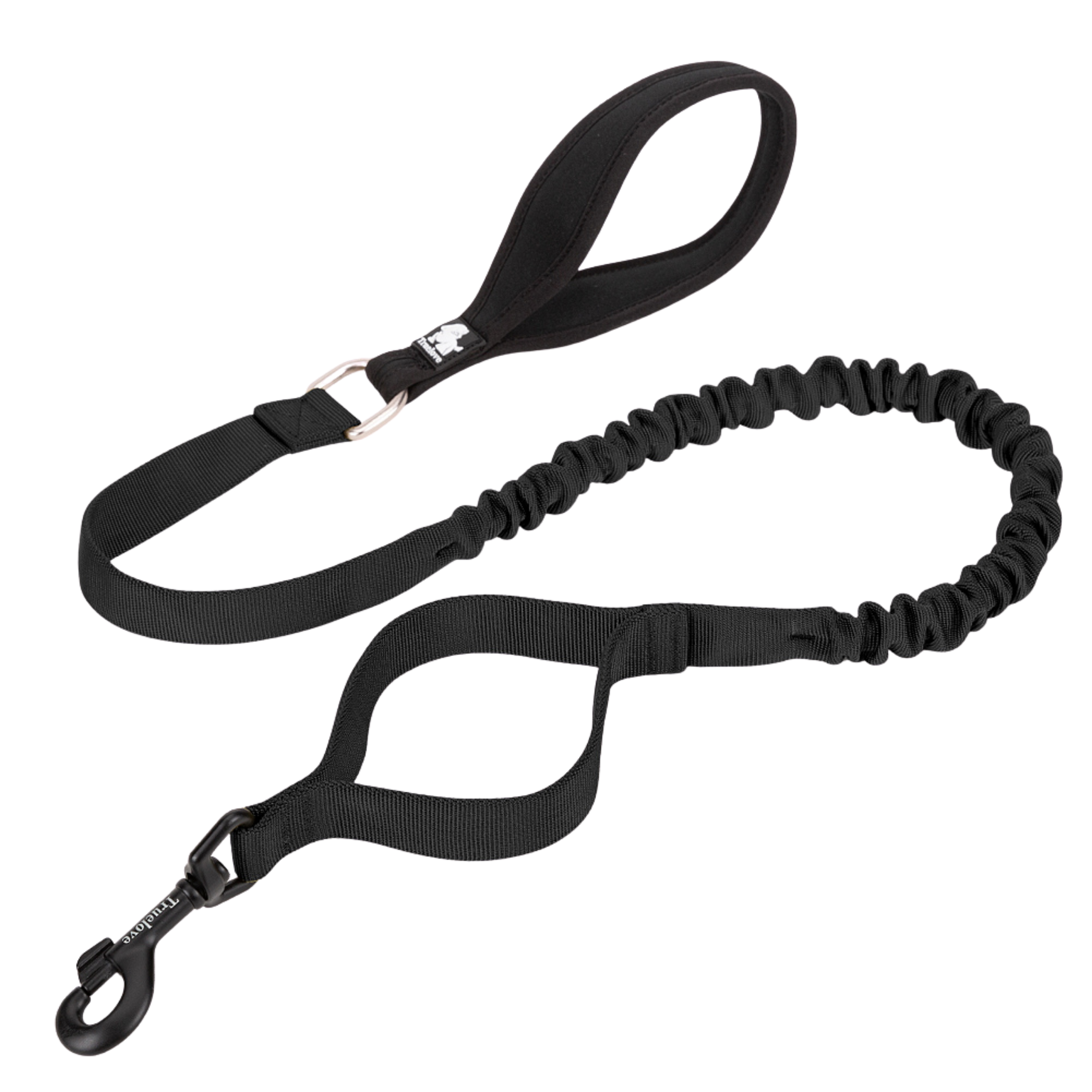 Black bungee dog lead with elastic section, loop handle, and metal clip with Truelove logo