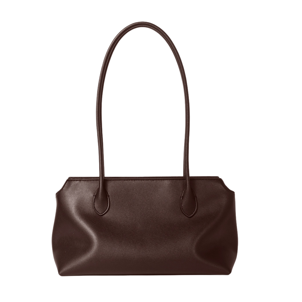 Espresso leather tote bag with two top handles, minimalist front