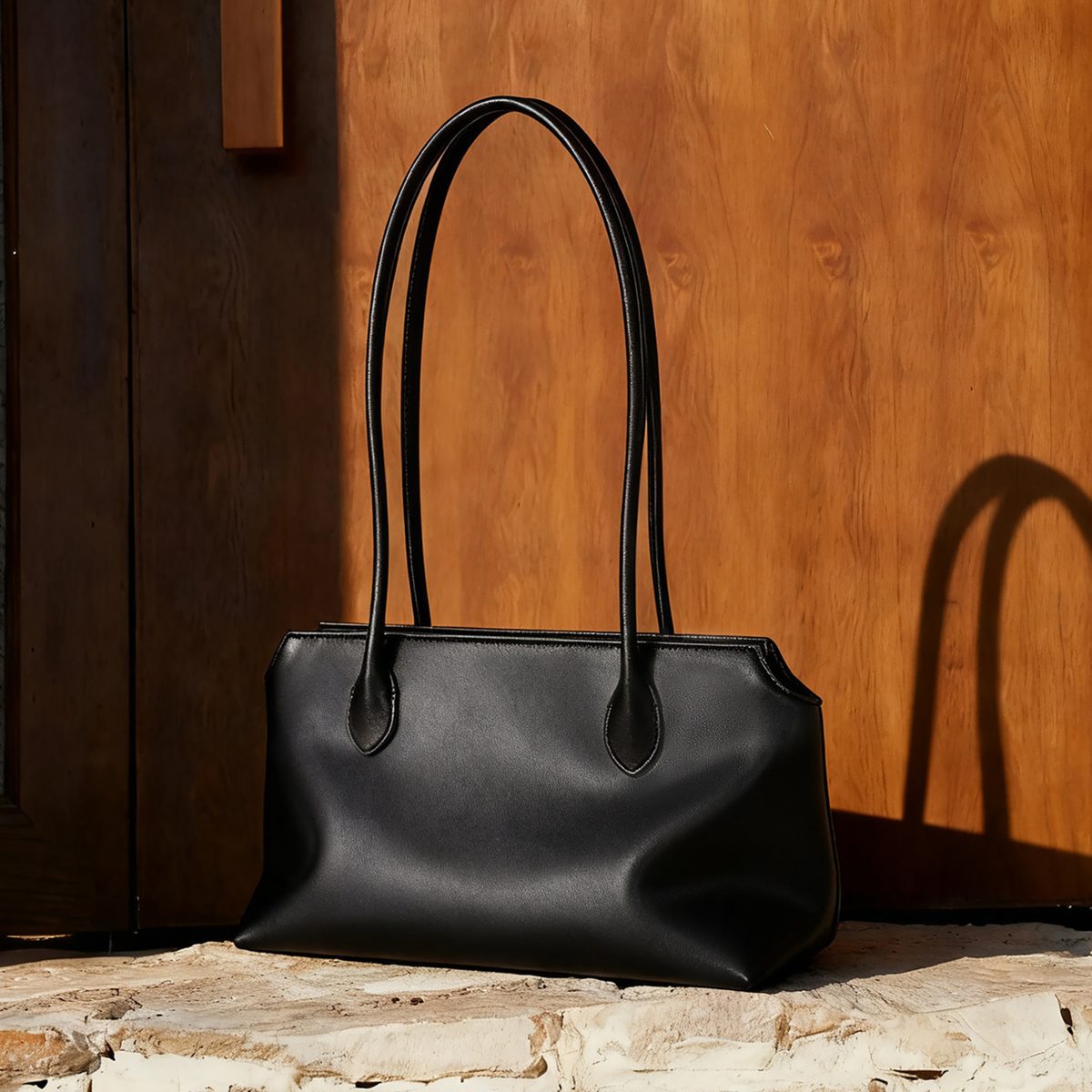 Onyx leather tote bag standing with two top handles.