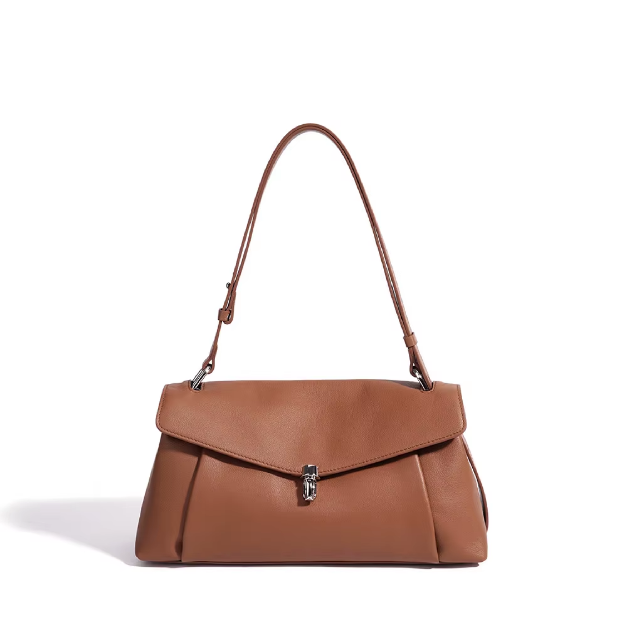 Sienna leather shoulder bag with top flap and silver clasp detail.