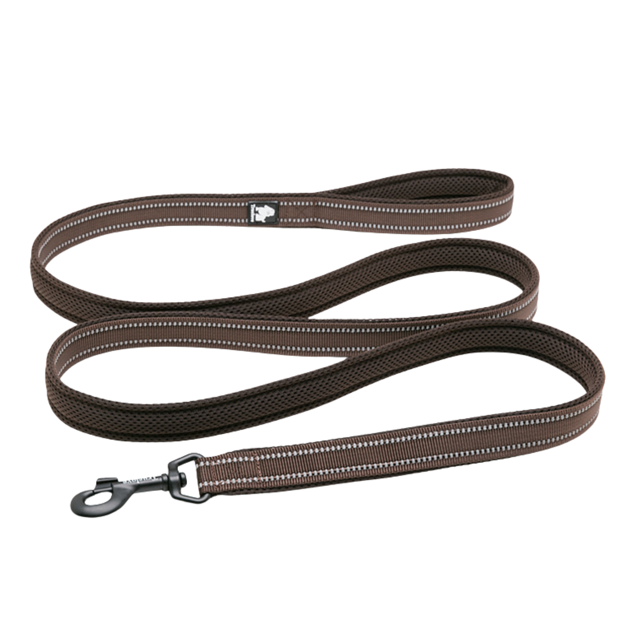Mesh padded dog lead with striped reflective trim, brown fabric, metal clip ends