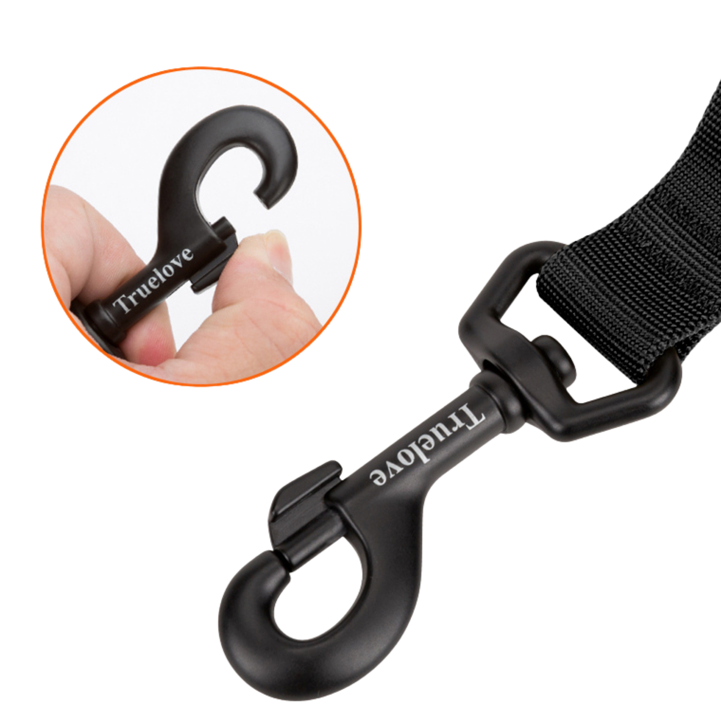 Black bungee dog lead hook clip with Truelove branding and elastic webbing