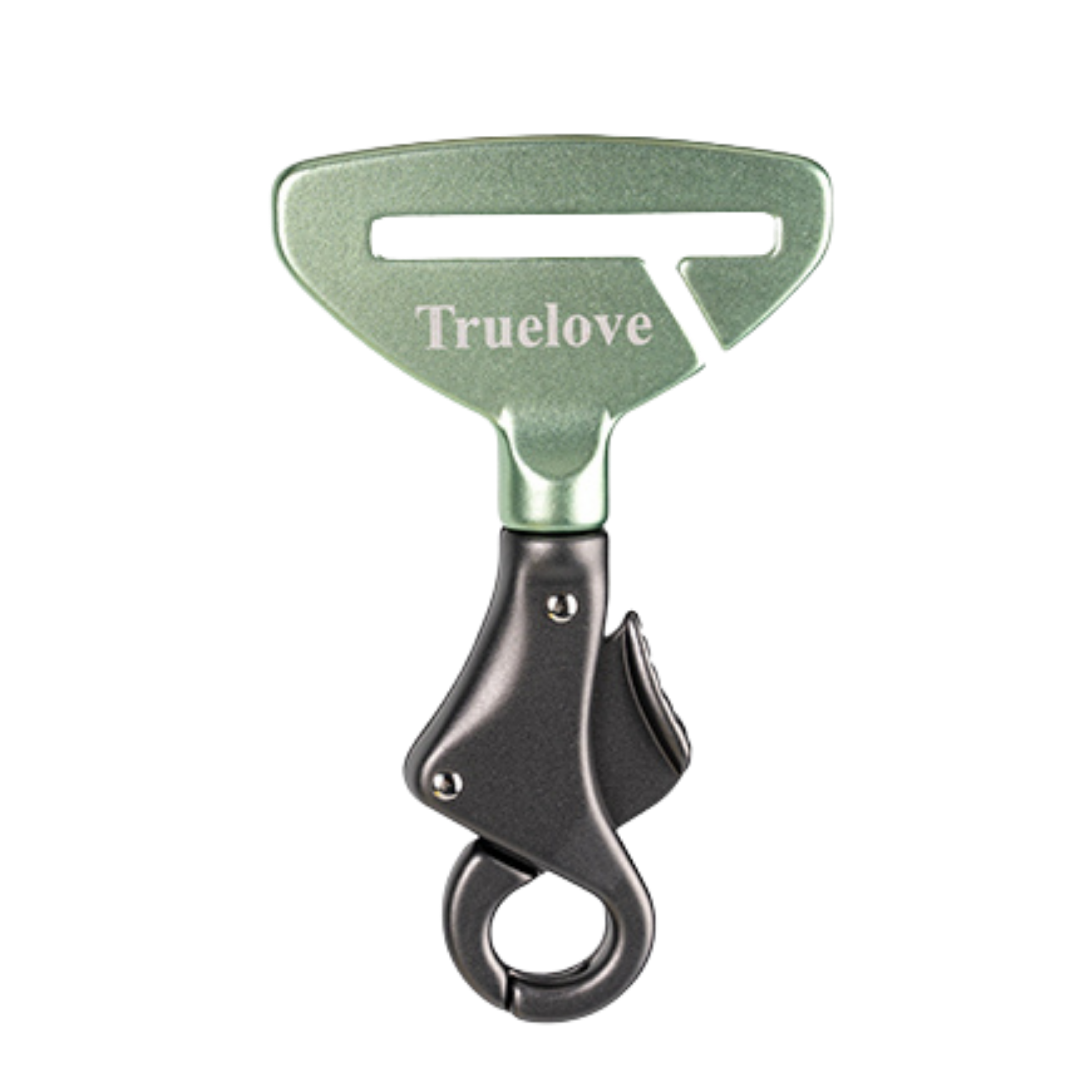 Green seat belt connector with TrueLove logo and dark metal ring, swivel clip