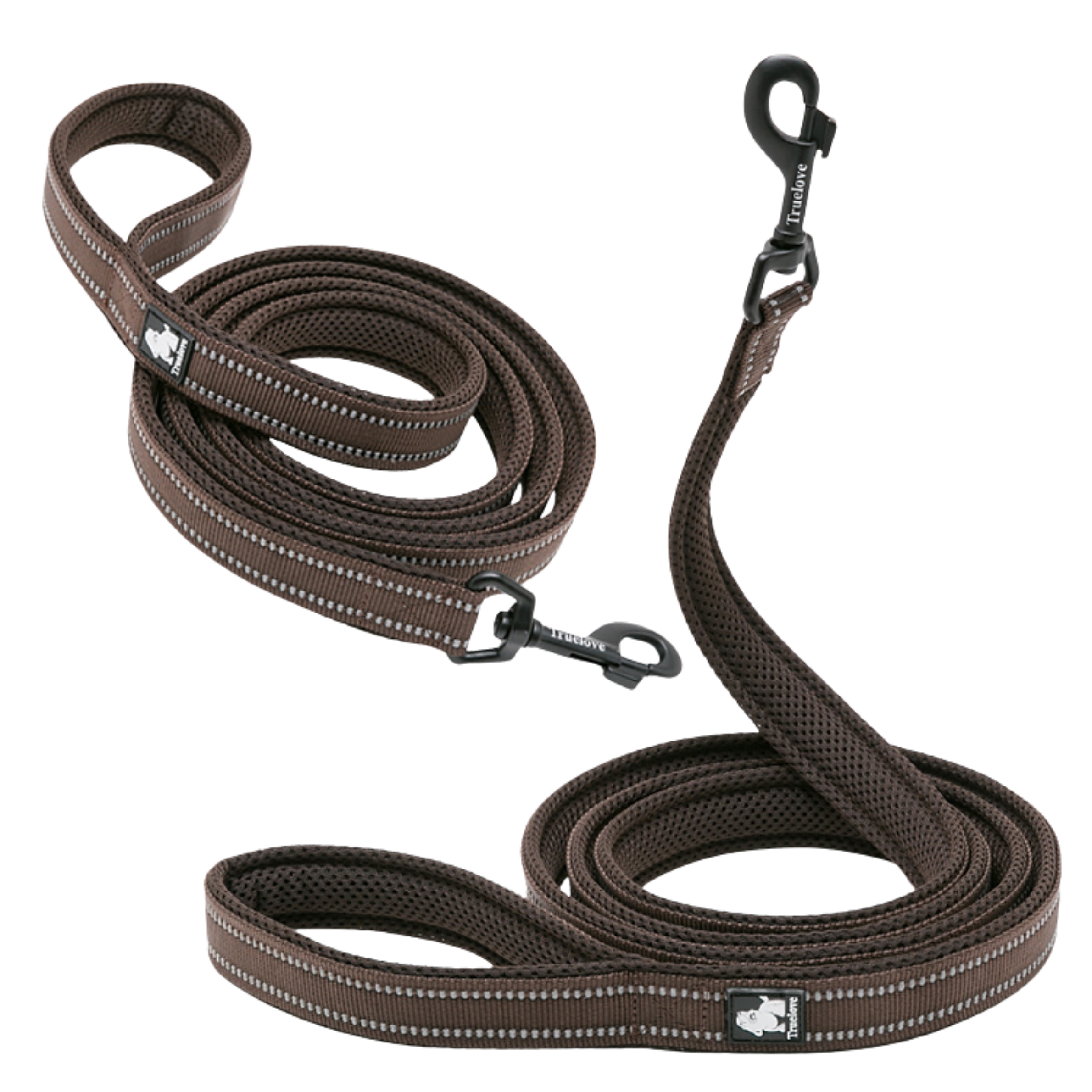 Brown mesh padded dog lead with reflective stripes and metal hardware