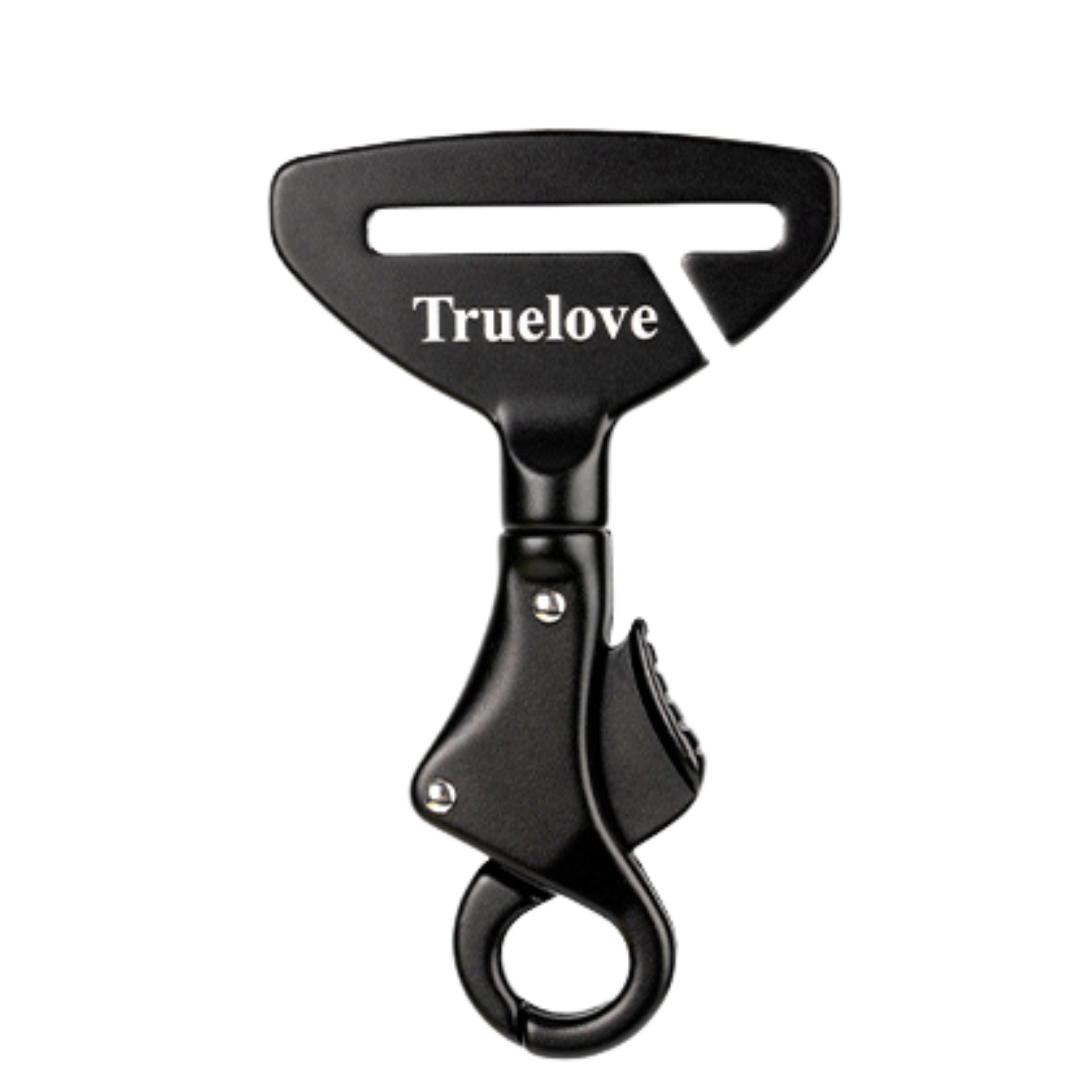 Black seat belt connector with TrueLove logo and metal ring, swivel clip