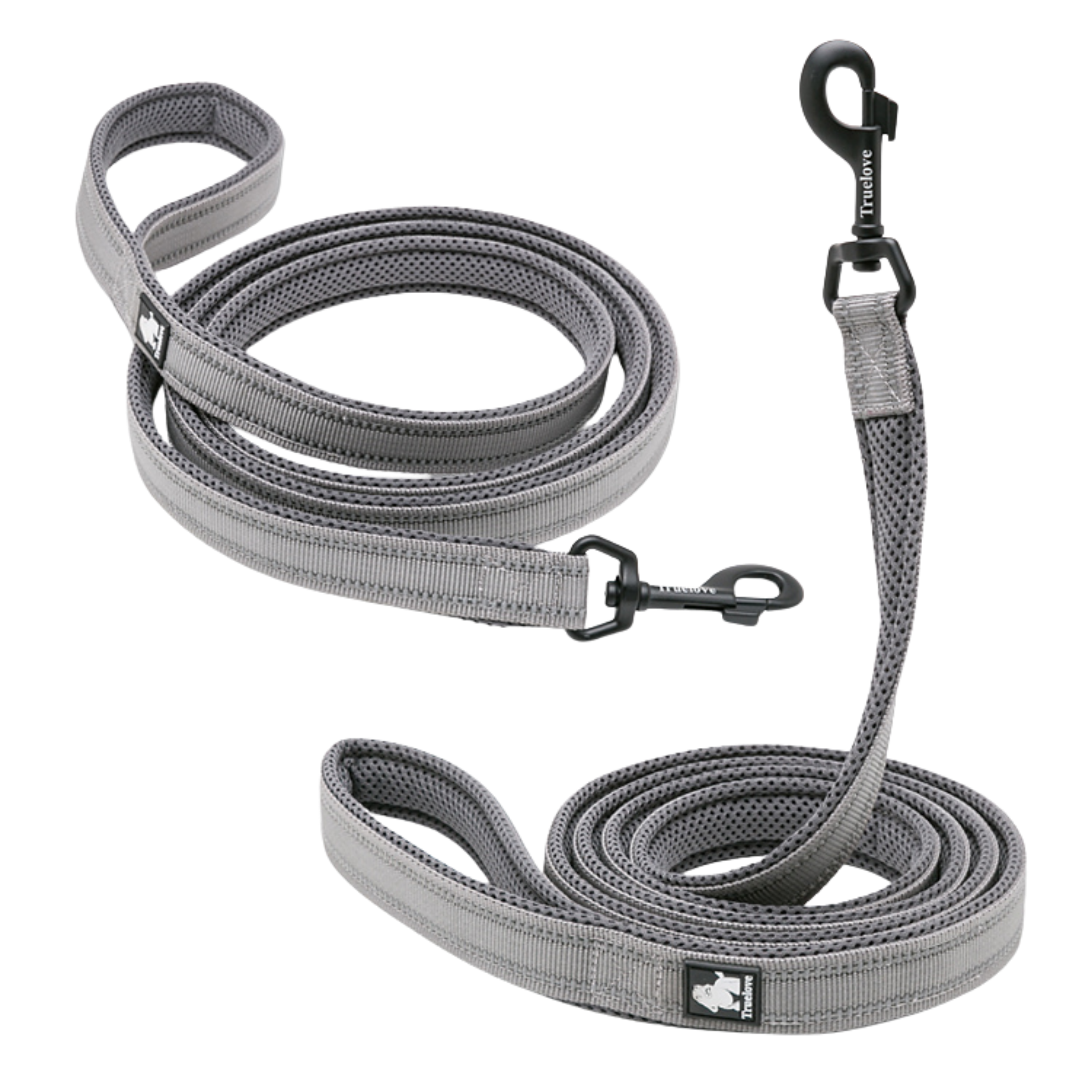 Gray mesh padded dog lead with reflective stripes and metal hardware