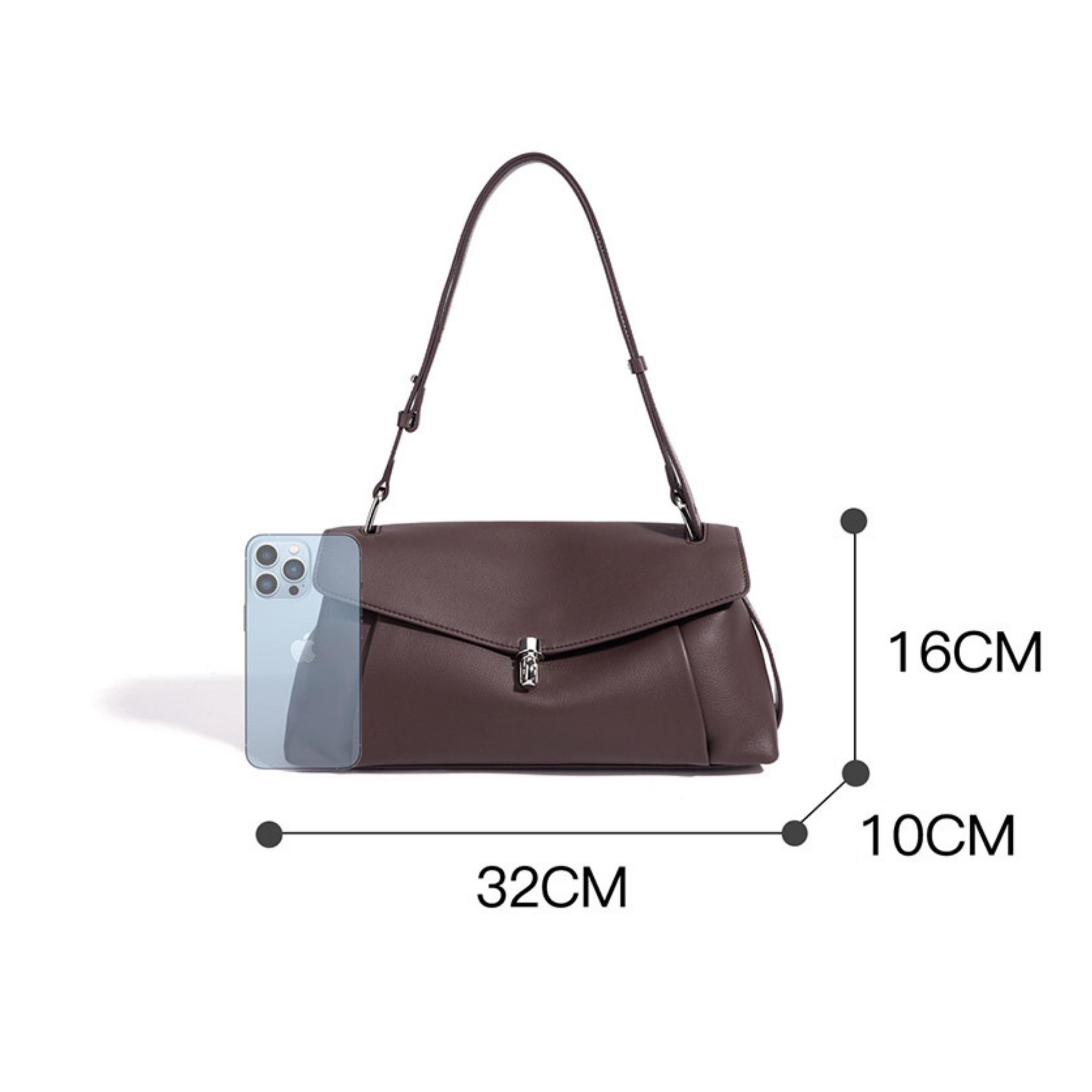 Leather shoulder bag measuring 32cm wide, 16cm high, 10cm deep with adjustable straps