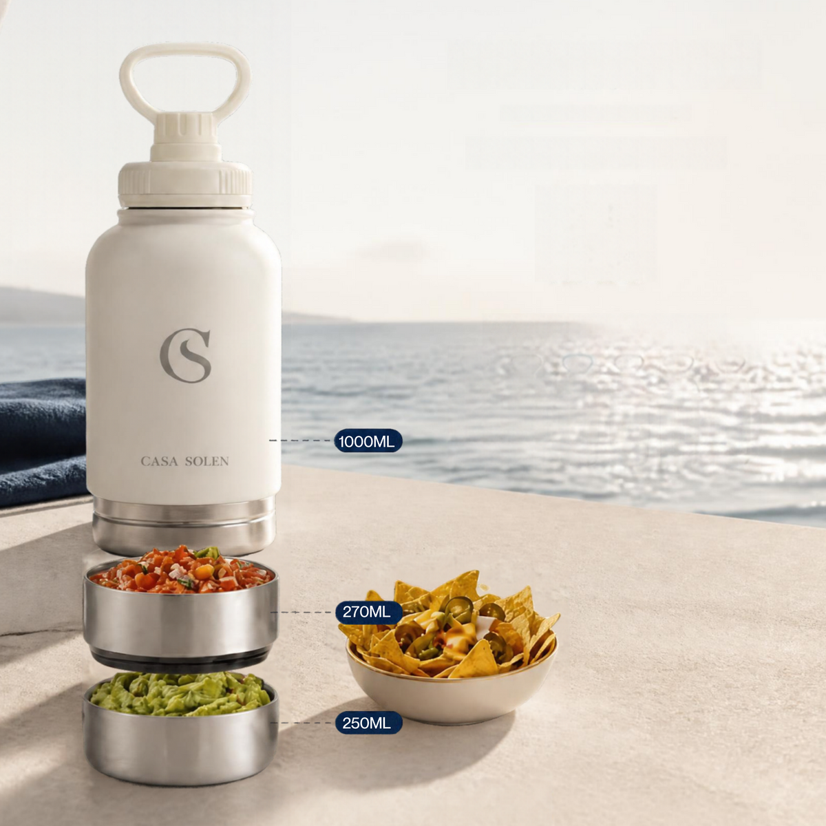 Mocha brown multi-compartment food bottle with screw cap, stainless base, 1000ml/270ml/250ml