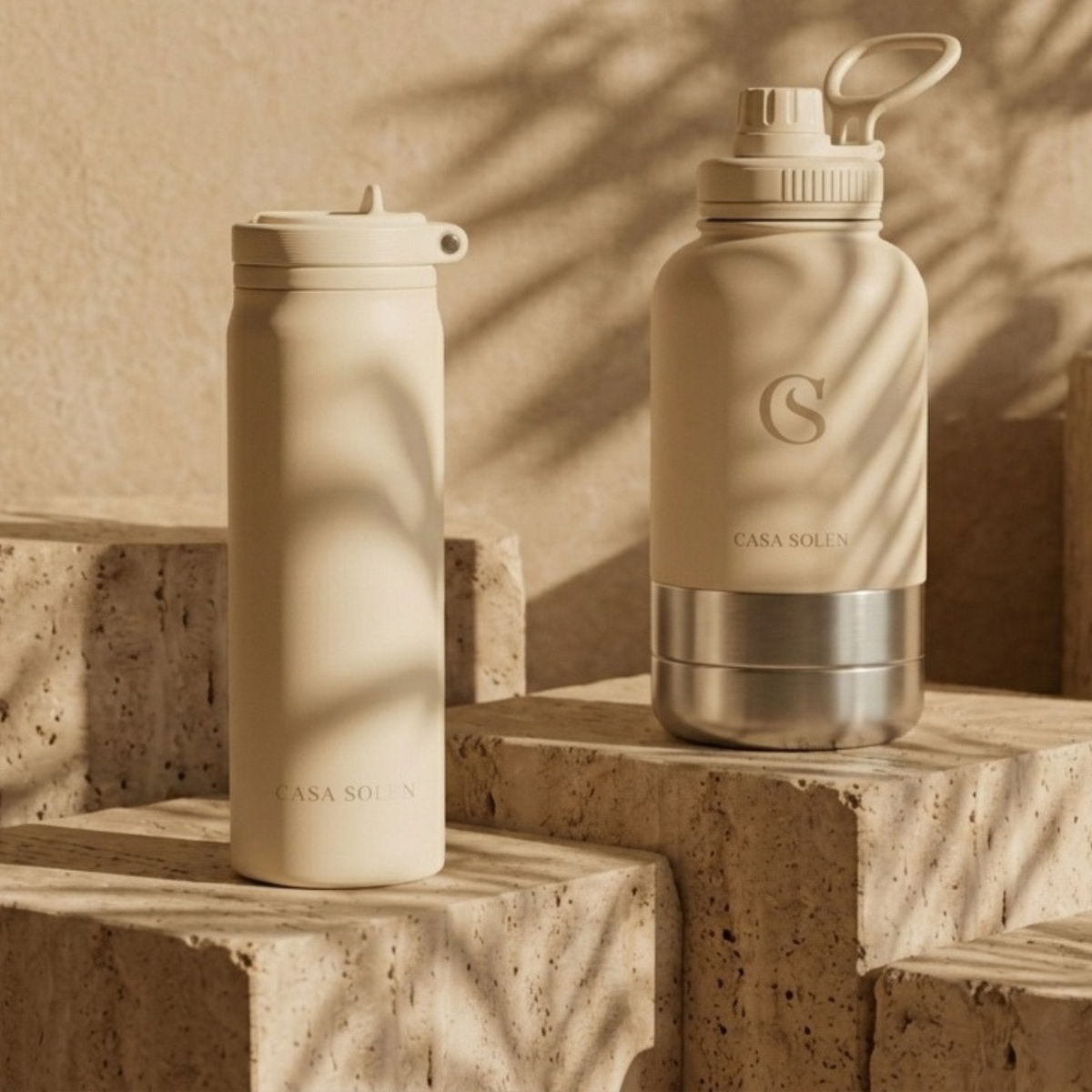 Sandy oat multi-compartment food and drink bottle with carry handle, side view