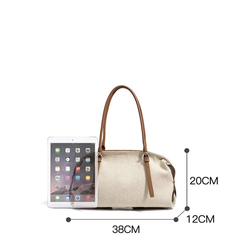 Cream linen leather tote bag, 38x20x12 cm