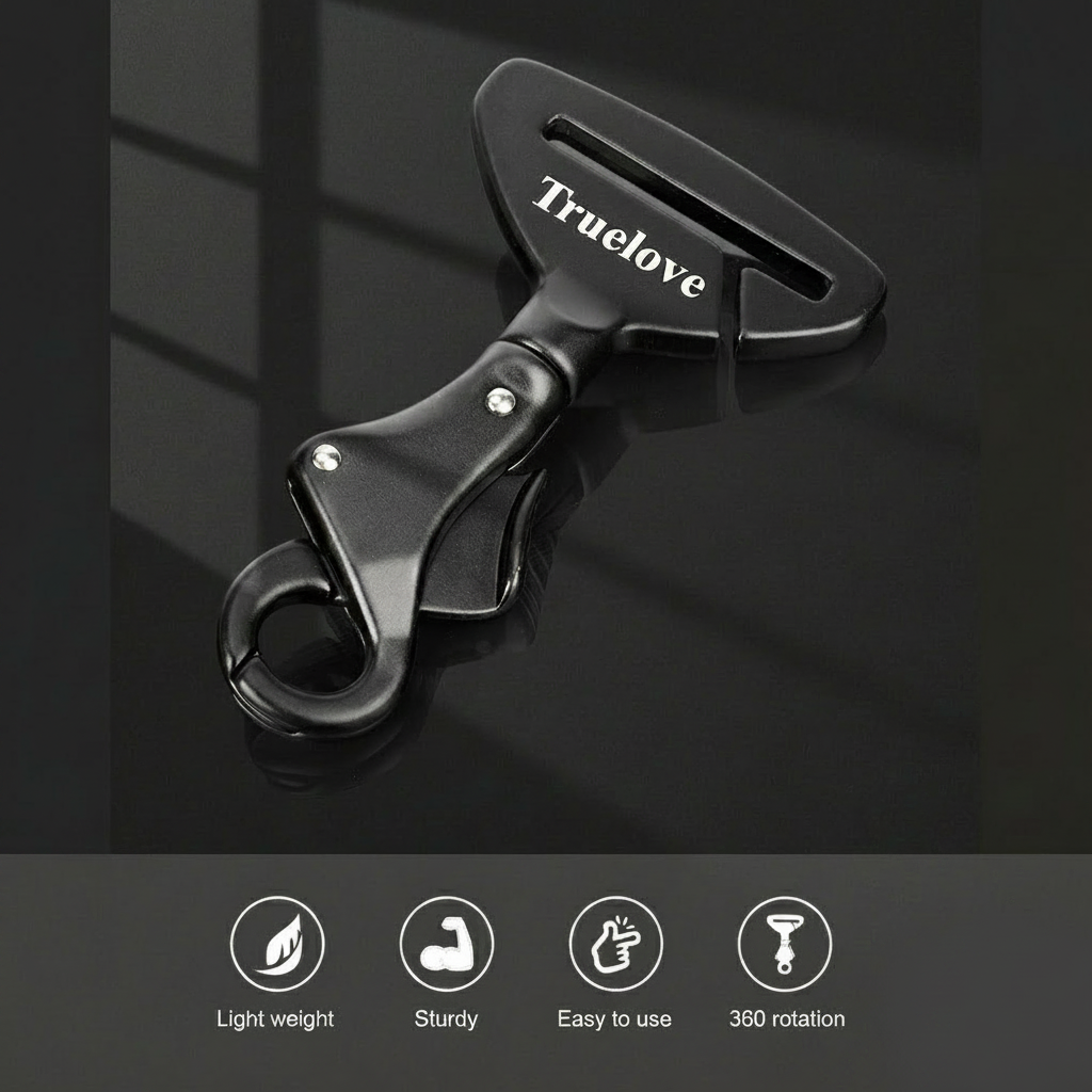 Black aluminum seat belt connector clip with TrueLove logo