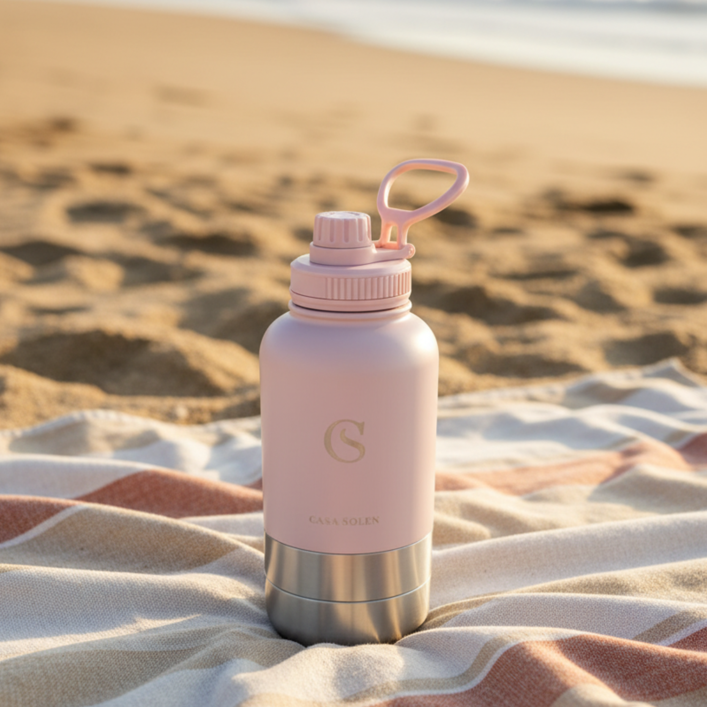 Powder blush pink 3-in-1 pet travel flask with carry loop and stainless base