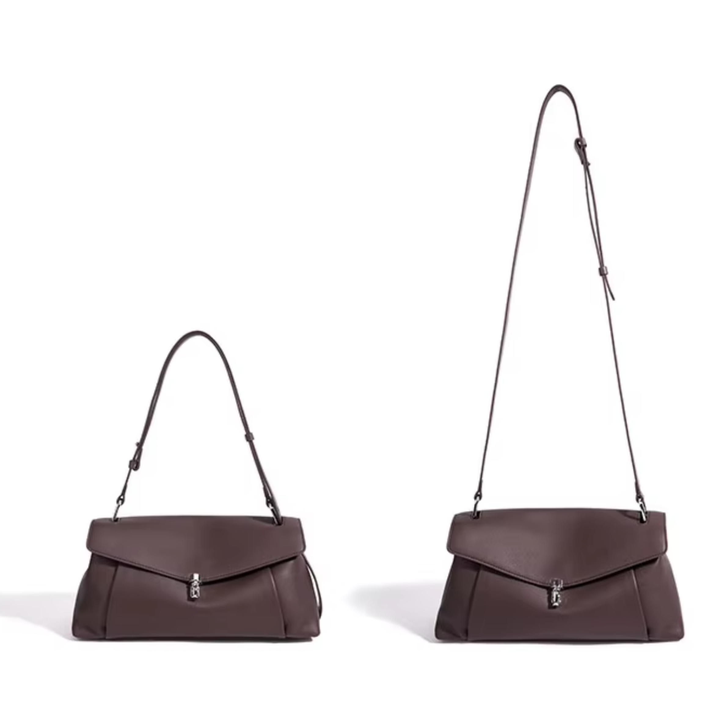 Espresso leather handbag with adjustable handles and front flap clasp