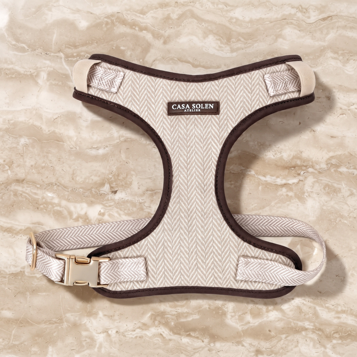 Dog harness in coastal herringbone with CASA SOLEN patch, brown edges, chest straps