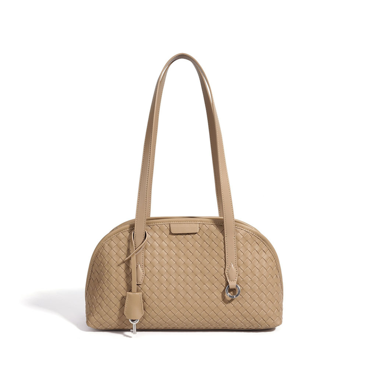 Woven tan leather handbag with two top handles and front zipper pocket