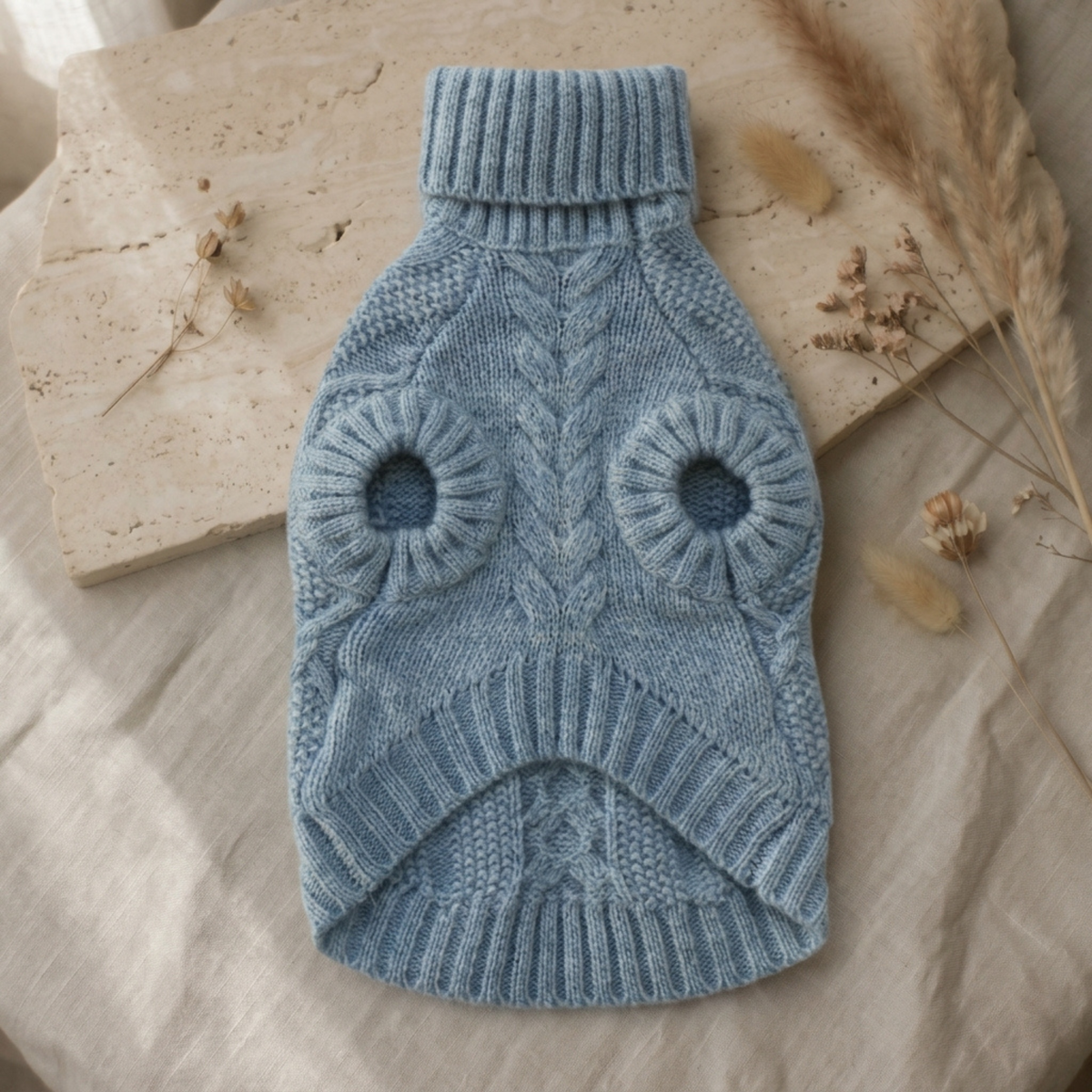Blue knitted wool pet sweater with ribbed turtleneck and cable pattern