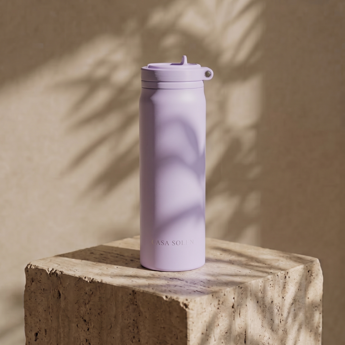 Lilac insulated stainless steel drink bottle with flip lid and drinking spout