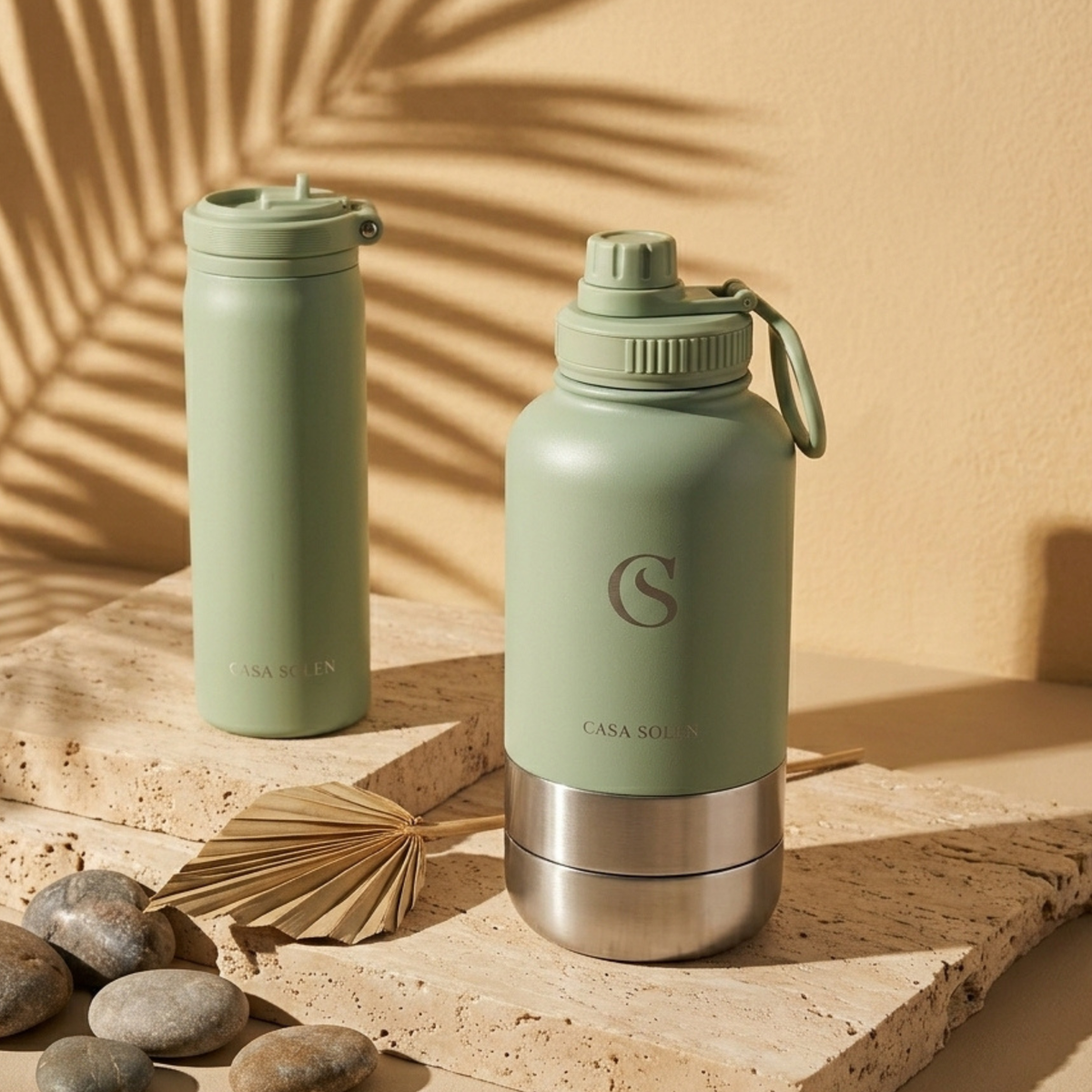 Sage green insulated stainless steel drink bottle with carry handle and flip lid