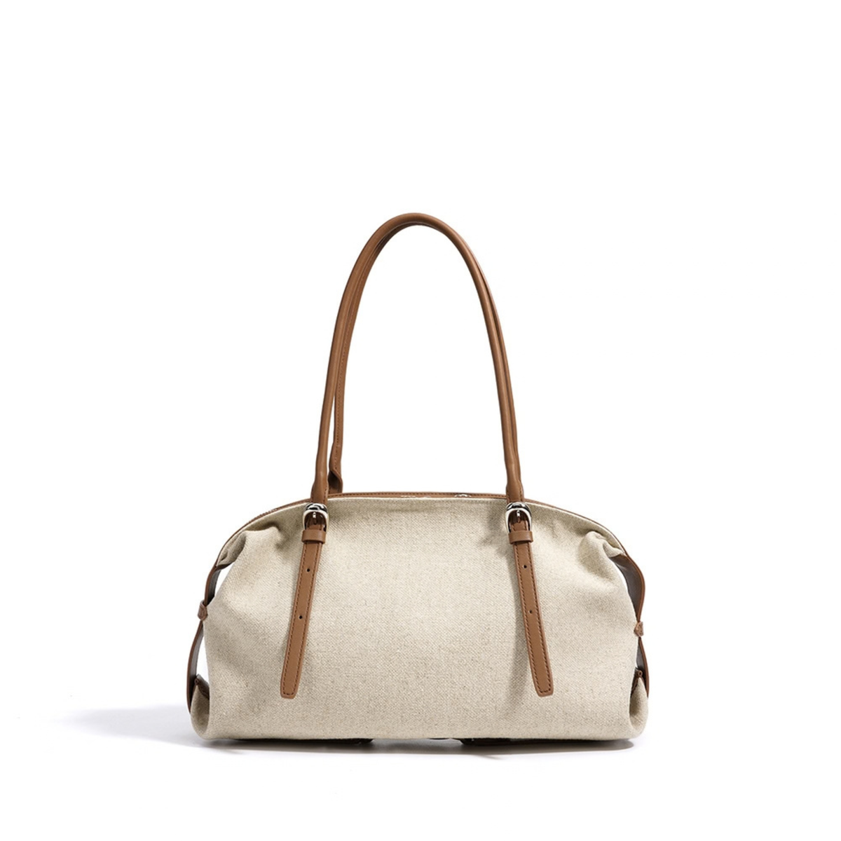 Oat canvas handbag with cognac leather handles and side hardware