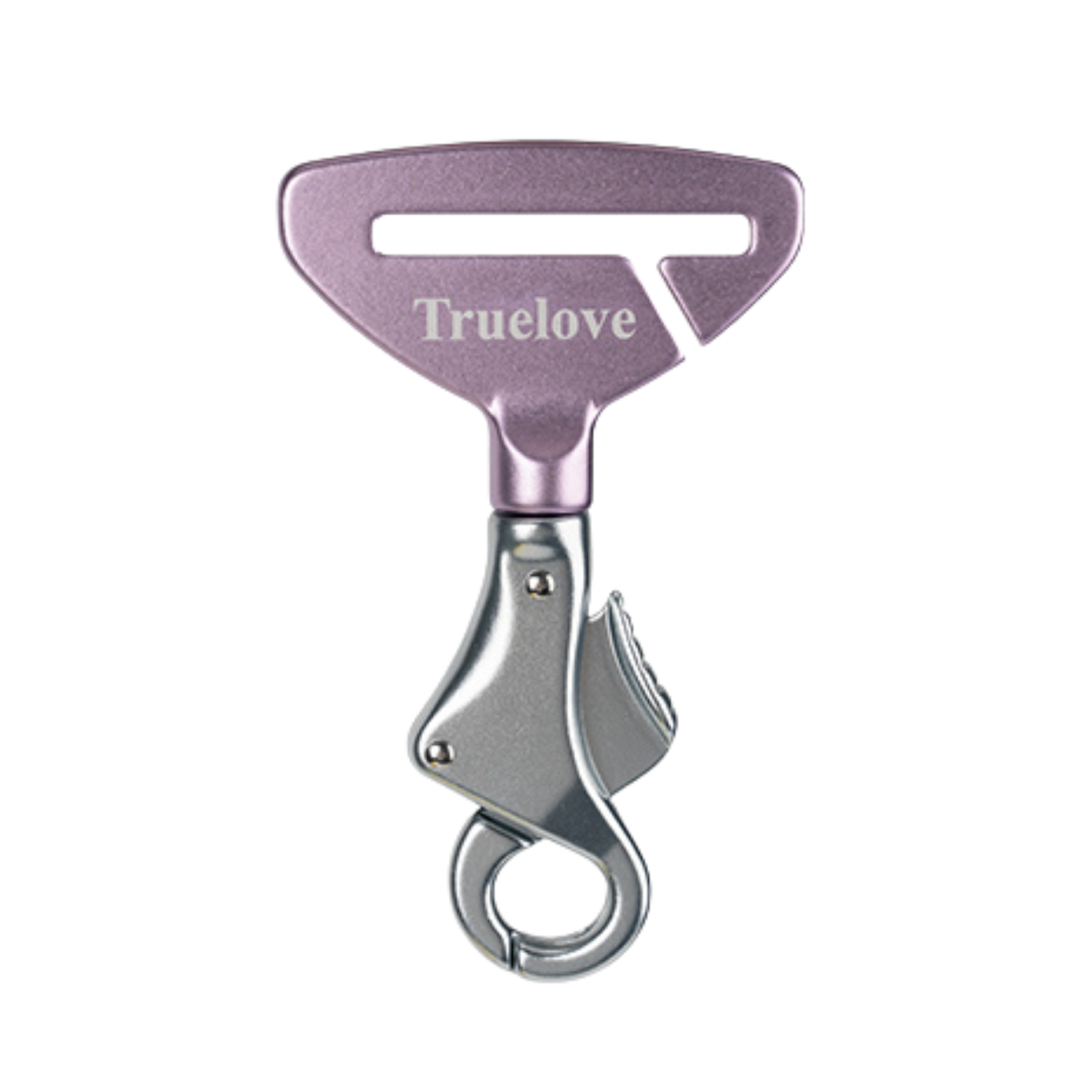Lavender seat belt connector with TrueLove logo and silver metal ring, swivel clip