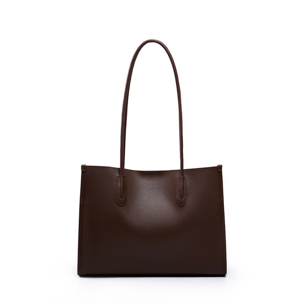 Espresso leather tote bag with top handles and smooth front panel