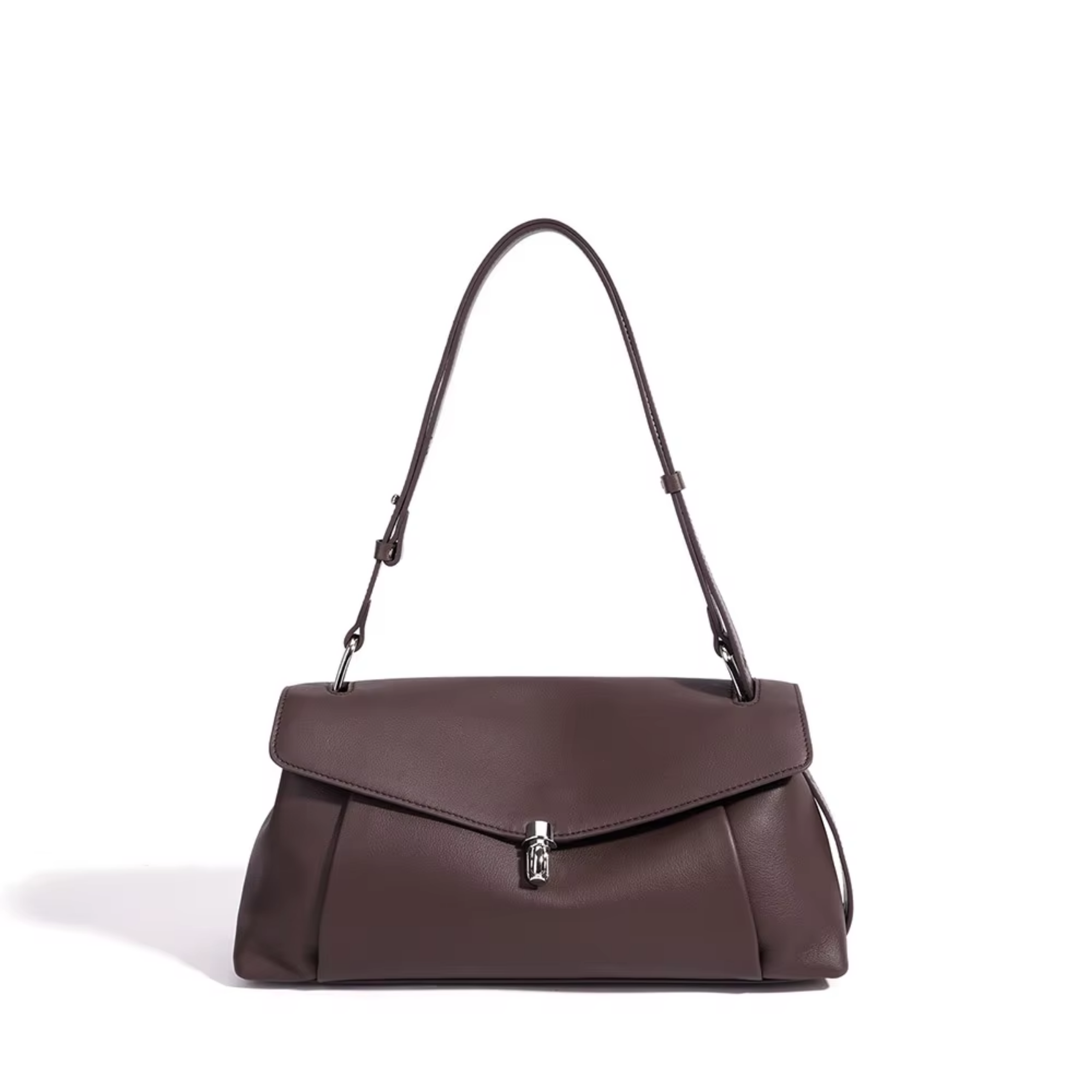 Espresso leather shoulder bag with structured front flap and silver clasp