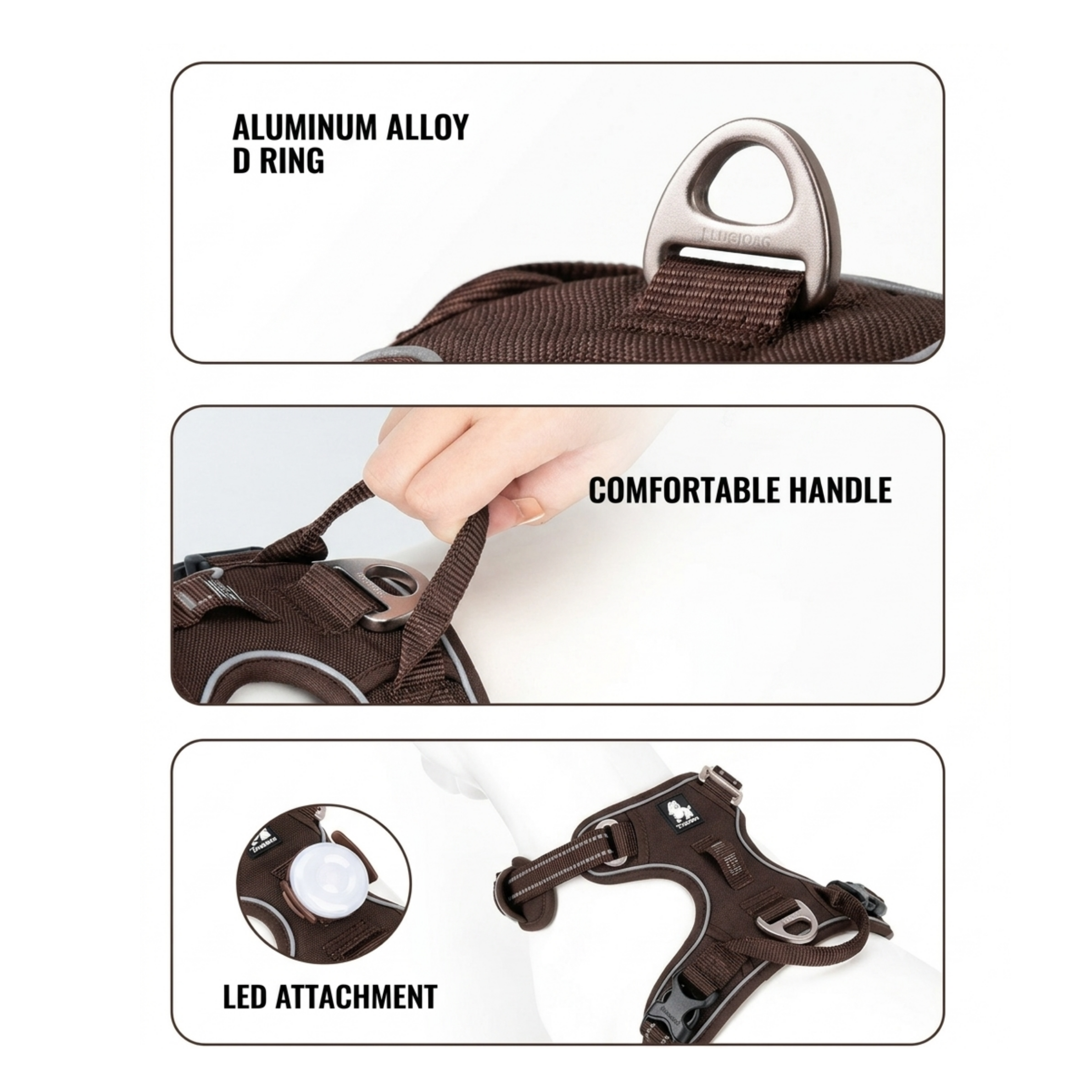 Brown no-pull dog harness with comfortable handle, aluminum D ring, and LED attachment
