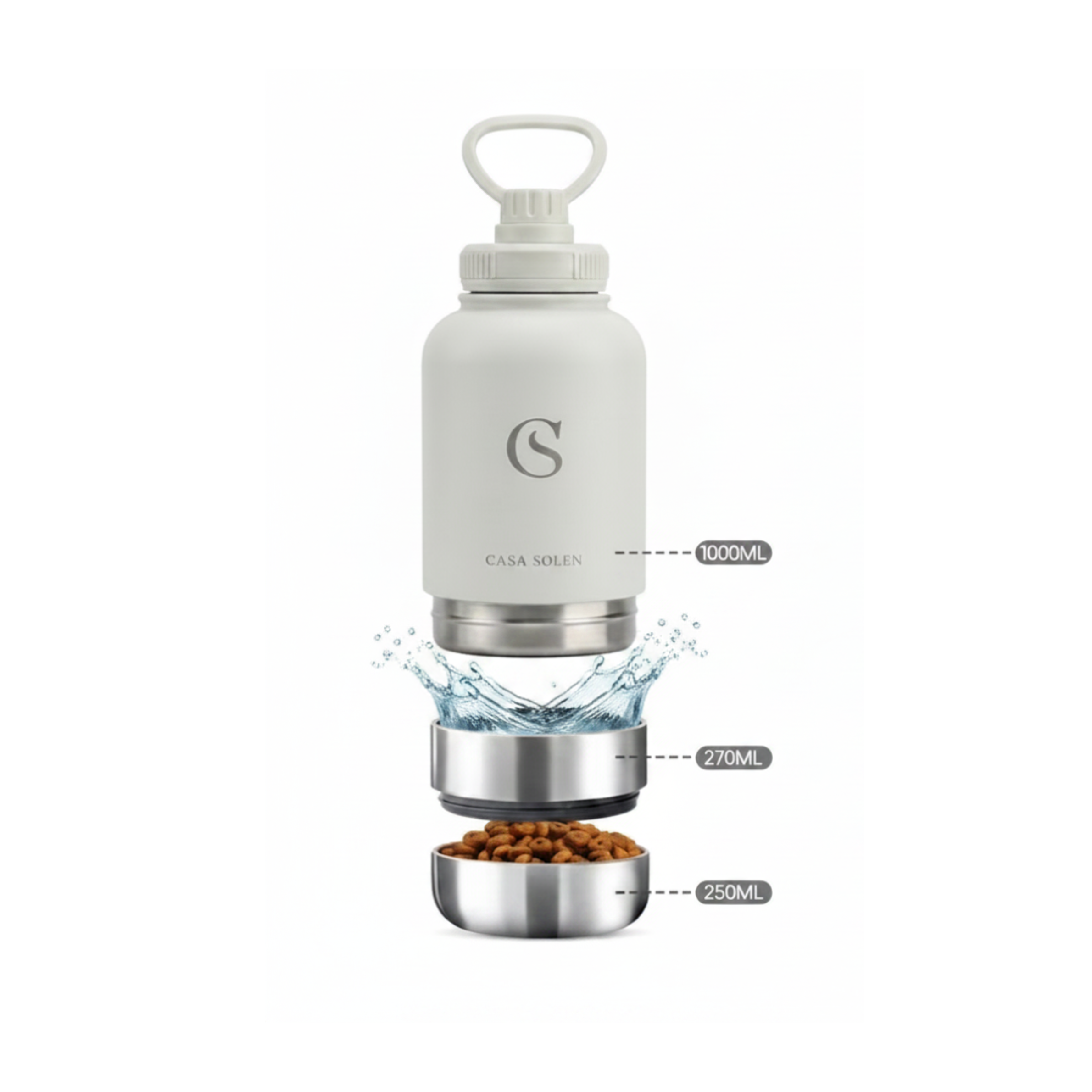 White pet travel flask with carry loop, 3-tier compartments and volume markings