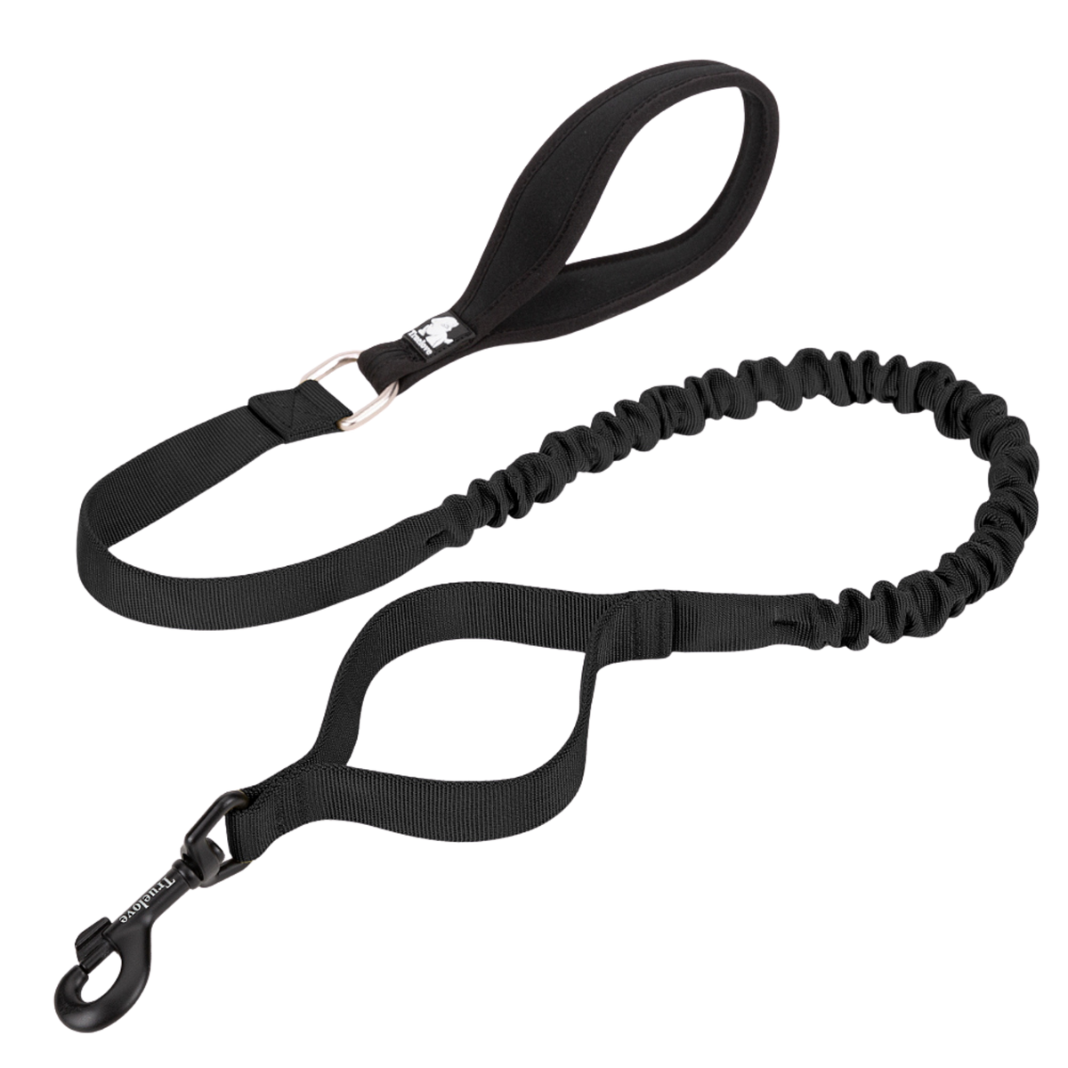 Black bungee dog lead with elastic section, loop handle, and metal clip with Truelove logo