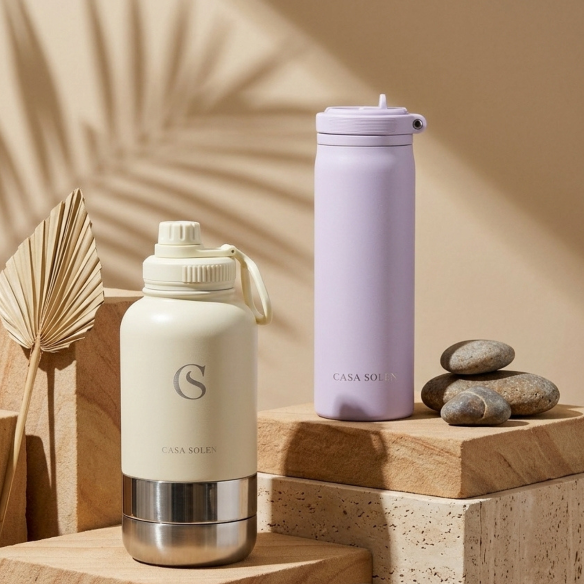 Lilac insulated stainless steel drink bottle with flip lid and top handle