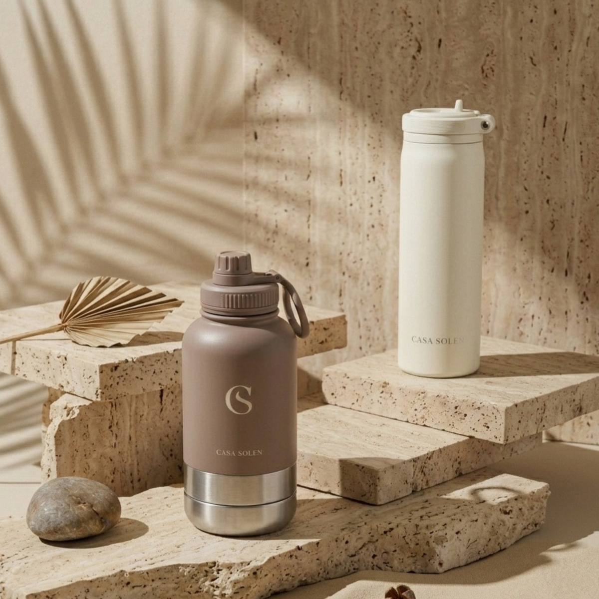 Mocha brown insulated food and drink bottle with carry loop and screw-top lid