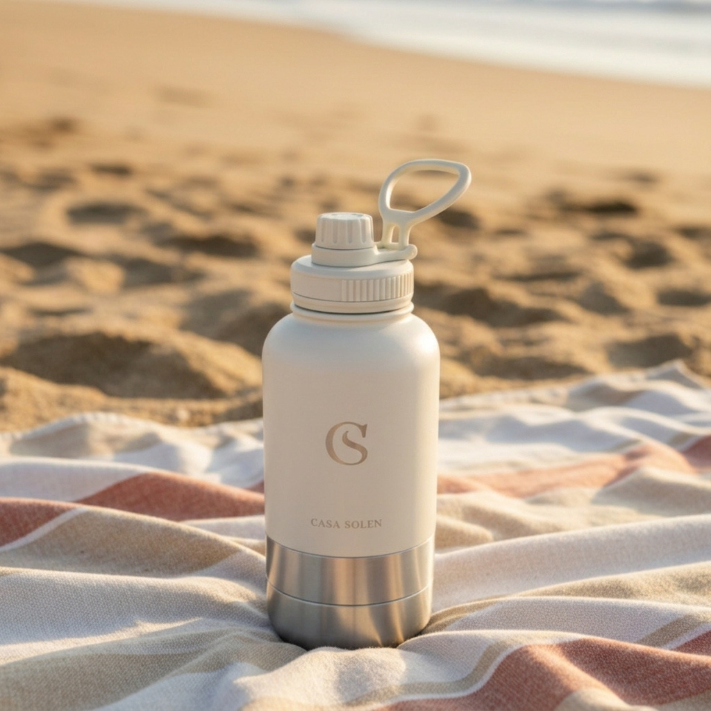 Sandy oat pet travel flask with loop handle, screw cap, and stainless steel