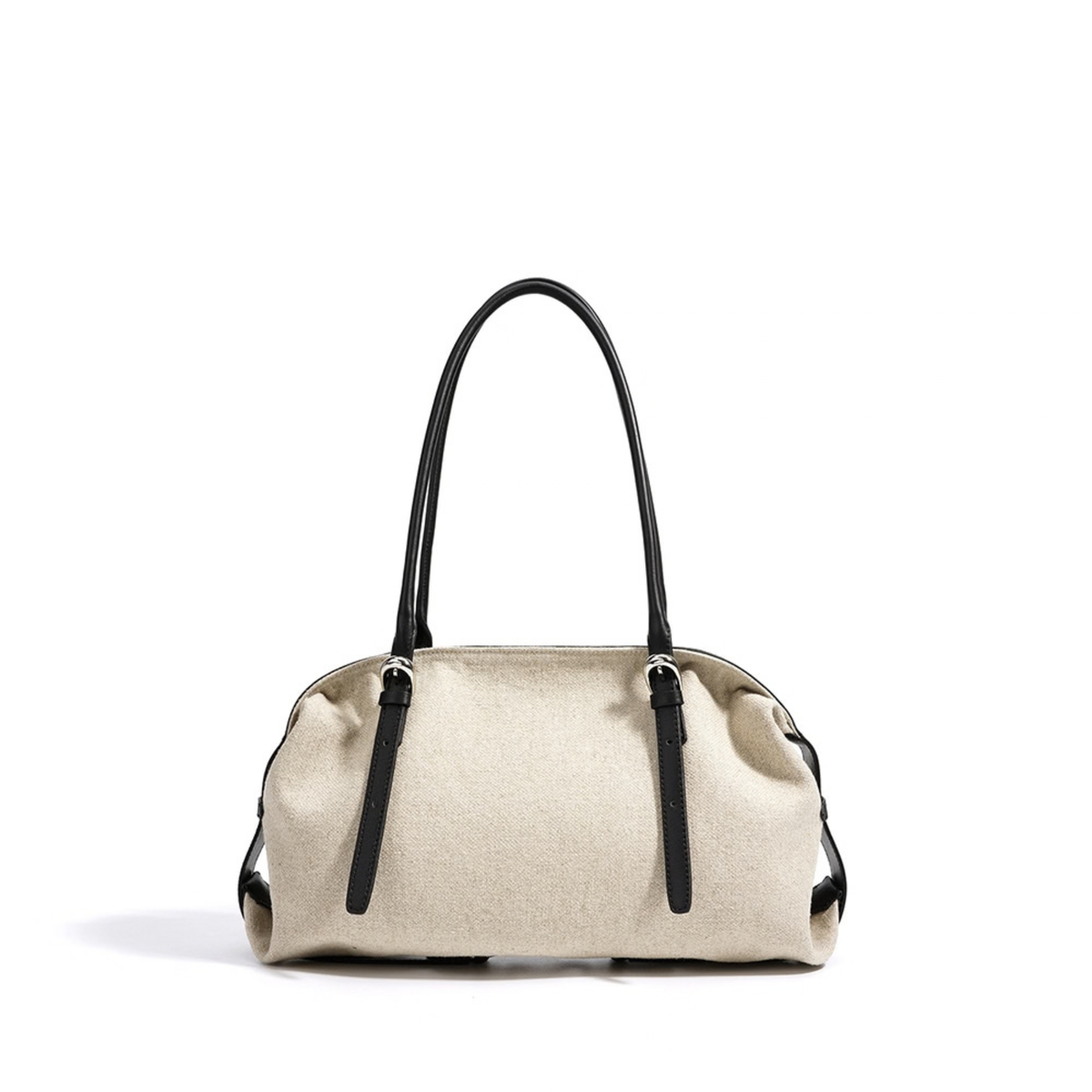 Oat canvas leather tote bag with black handles, structured body