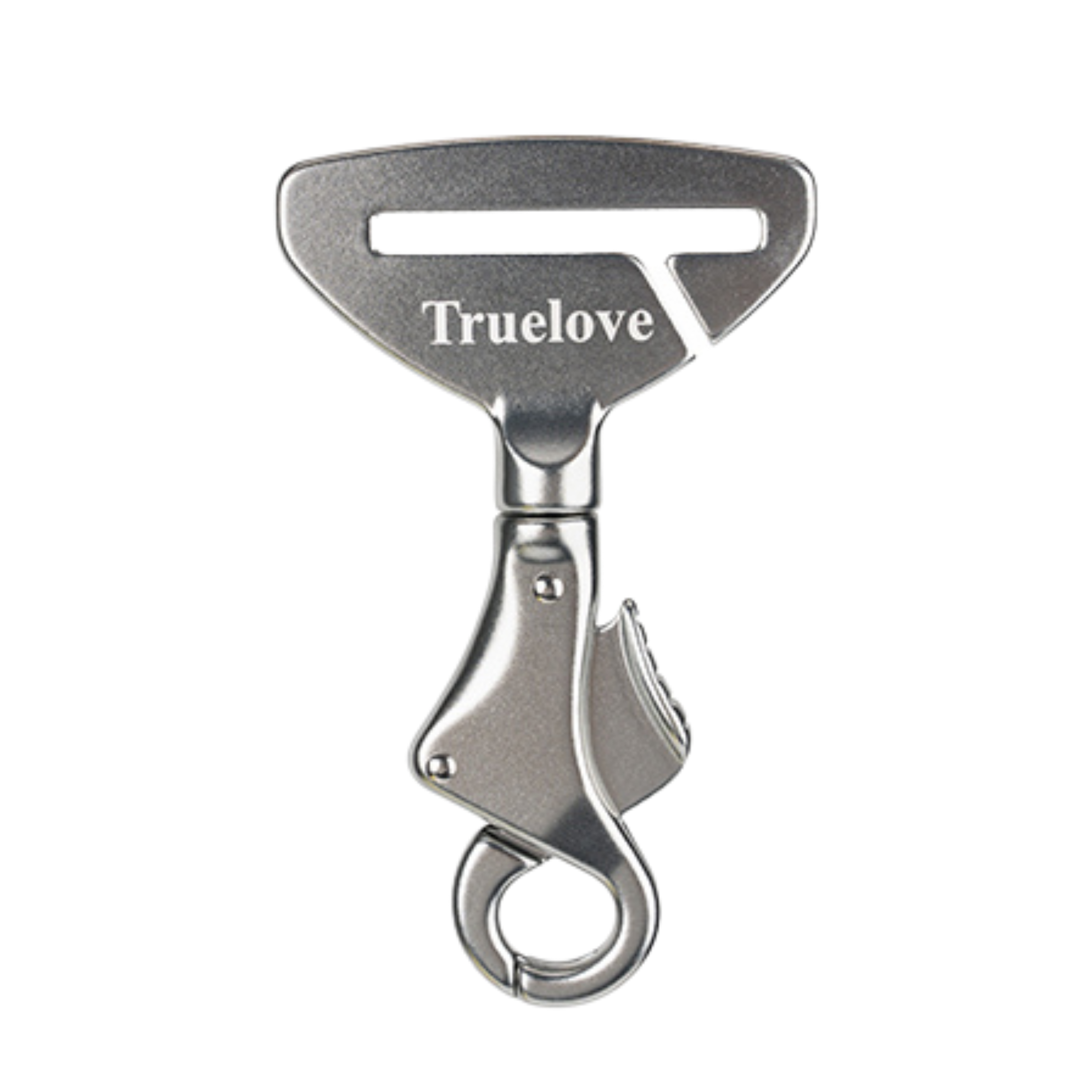 Silver seat belt connector with TrueLove logo and metal ring, swivel clip