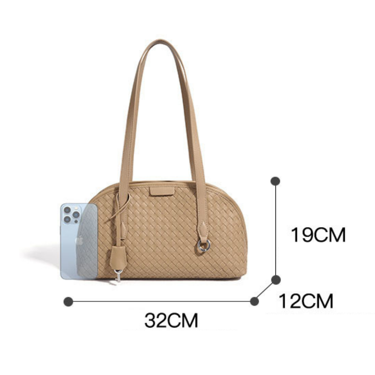 Tan woven leather handbag with handles, 32cm wide and 19cm high (shown)