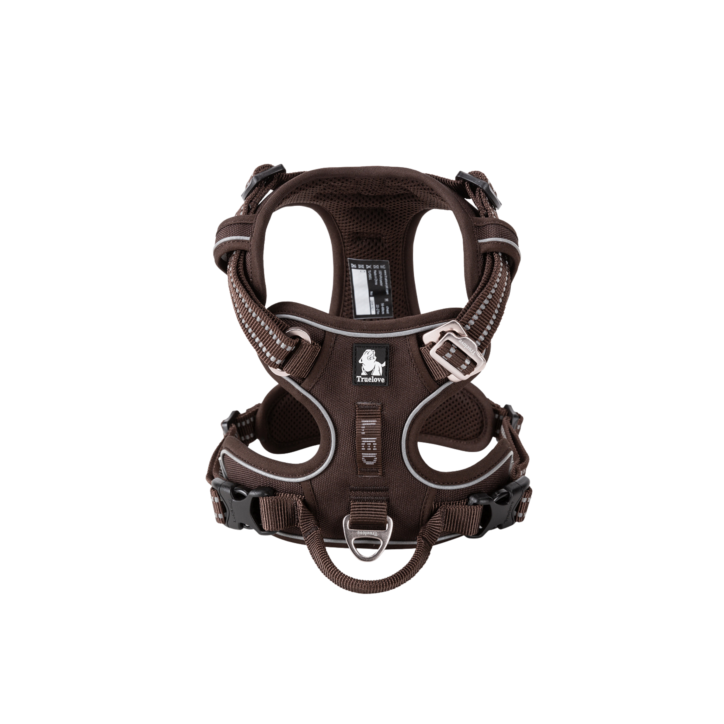 Brown no-pull dog harness with padded chest support and front metal buckles
