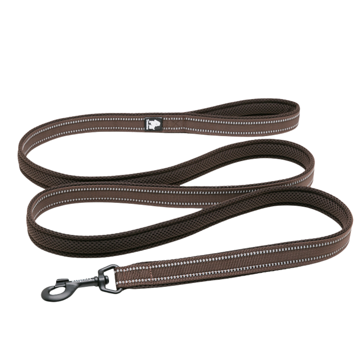 Mesh padded dog lead with striped reflective trim, brown fabric, metal clip ends