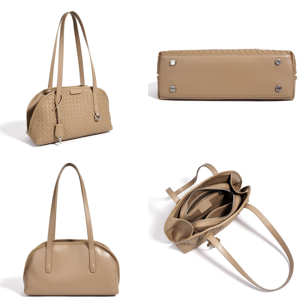 Tan woven leather handbag with top handles; open interior and adjustable strap