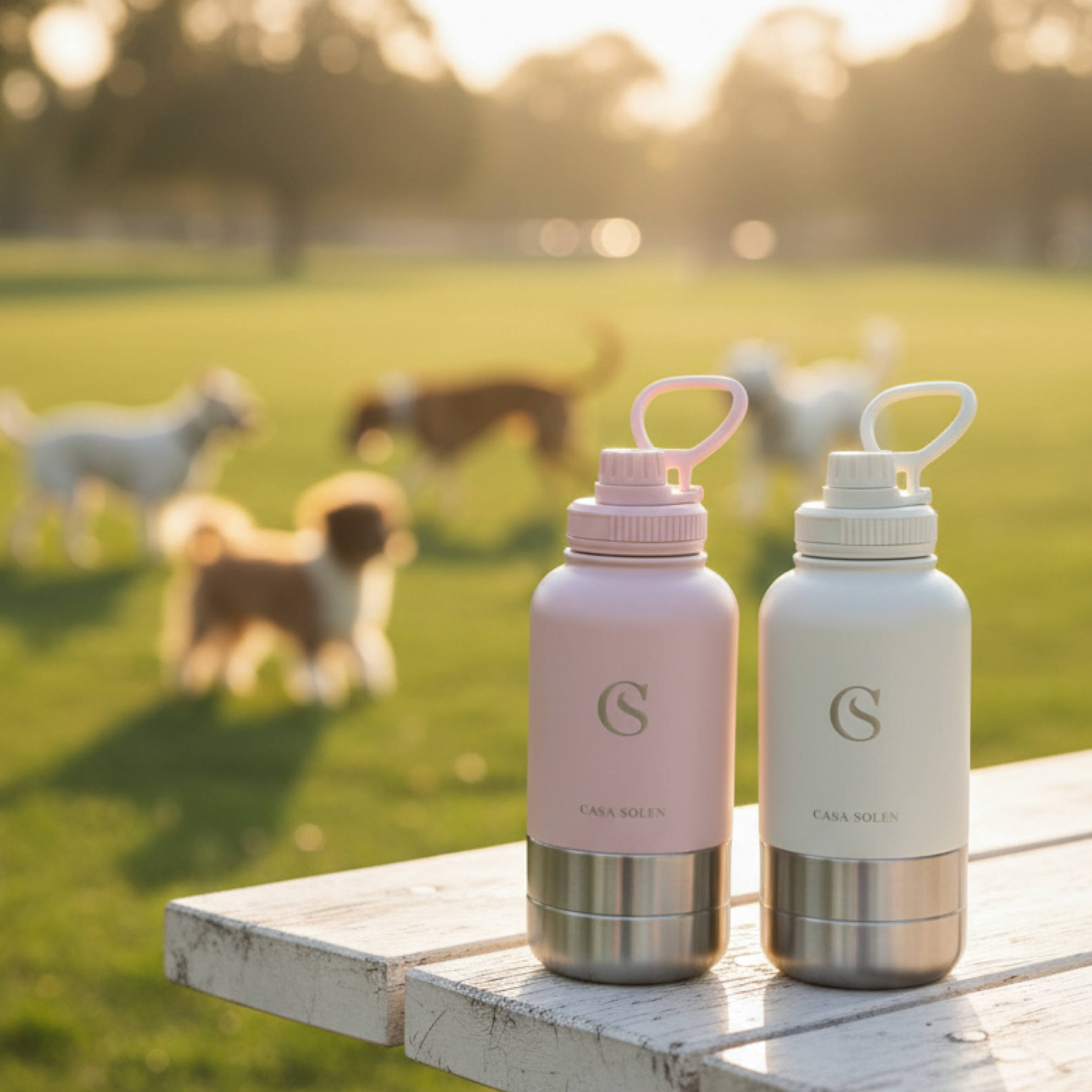 Two pet travel flasks, blush pink and light gray, with carry loops and stainless bases