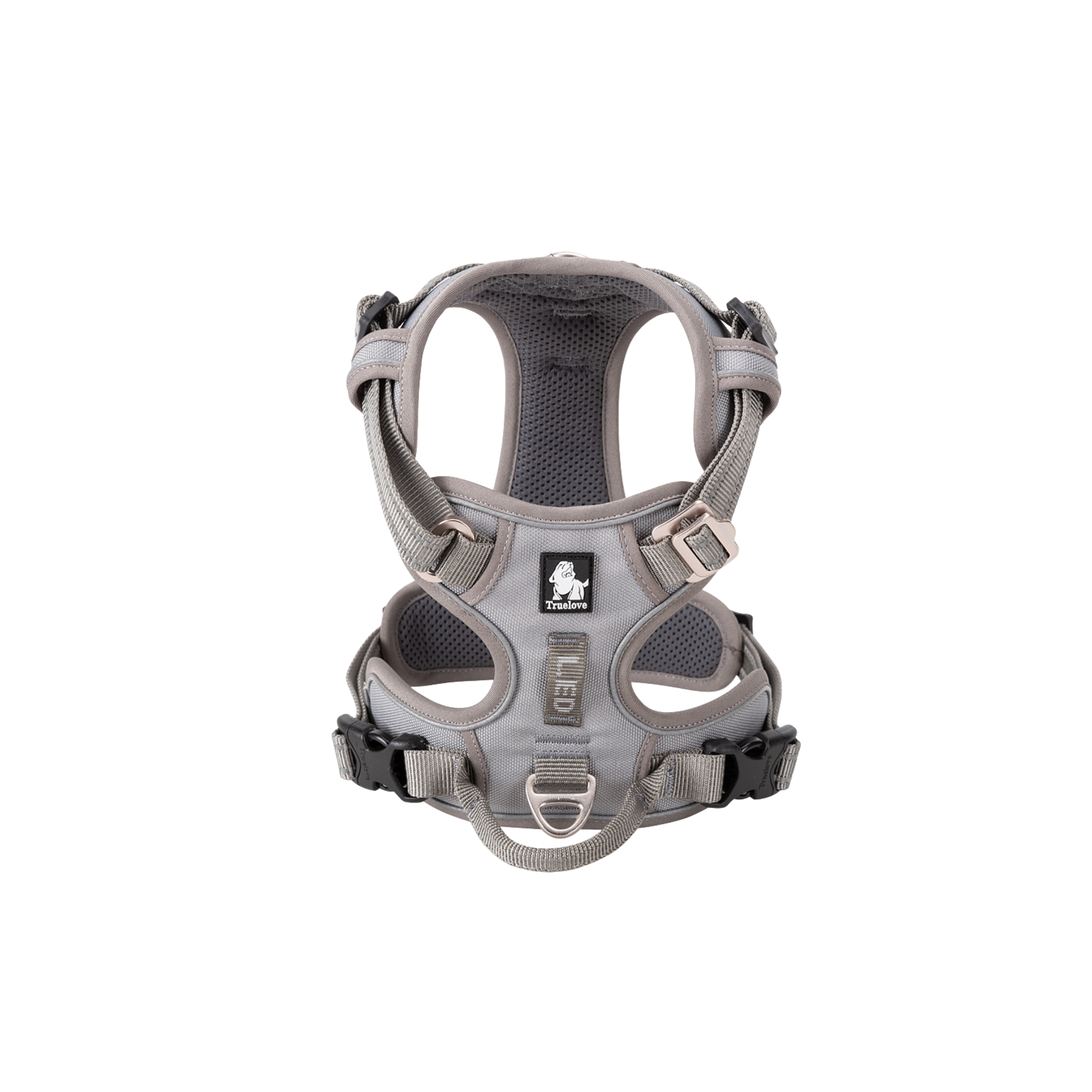 Gray no-pull dog harness with padded chest support and front metal buckles