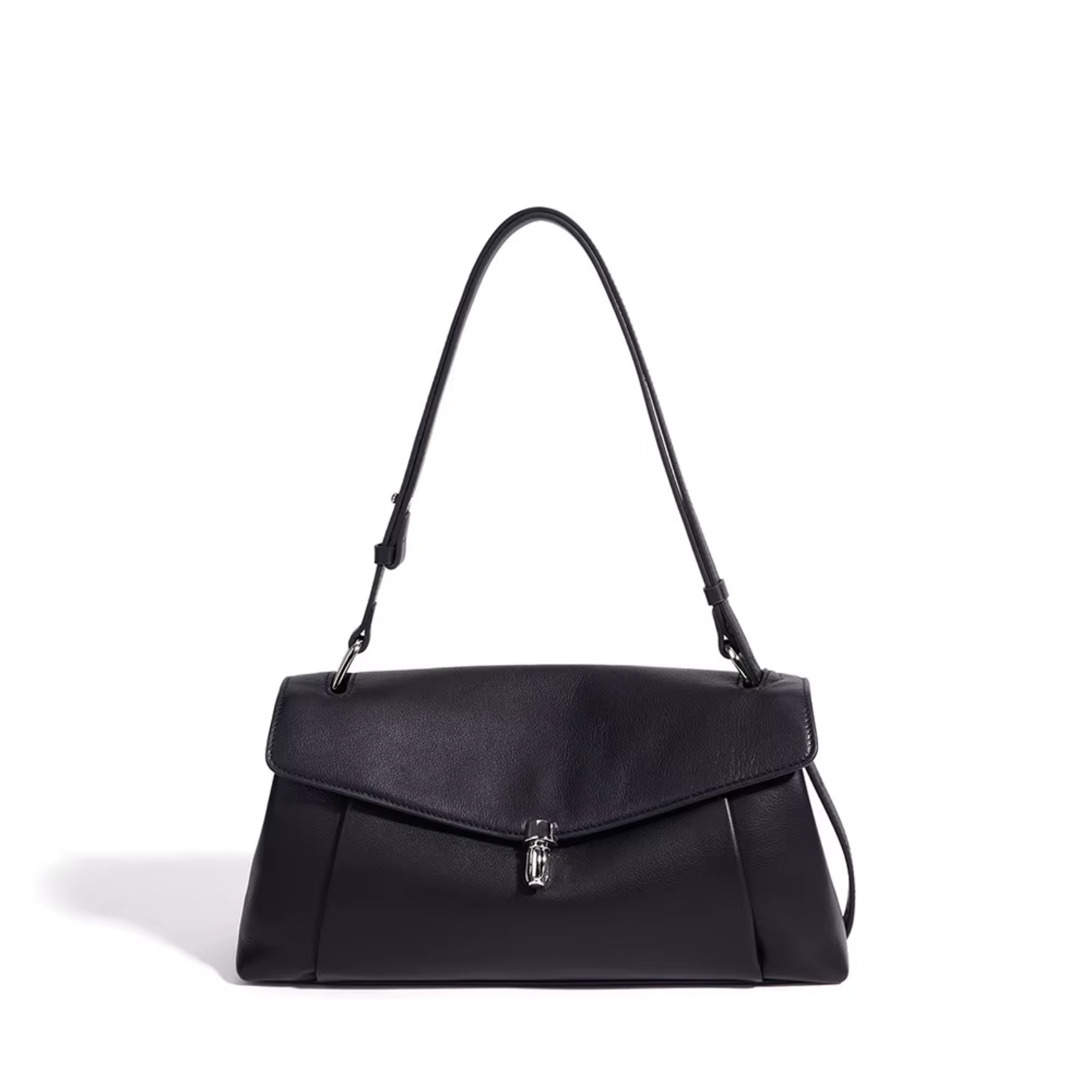 Onyx leather shoulder bag with front flap, silver-tone clasp, and adjustable shoulder straps