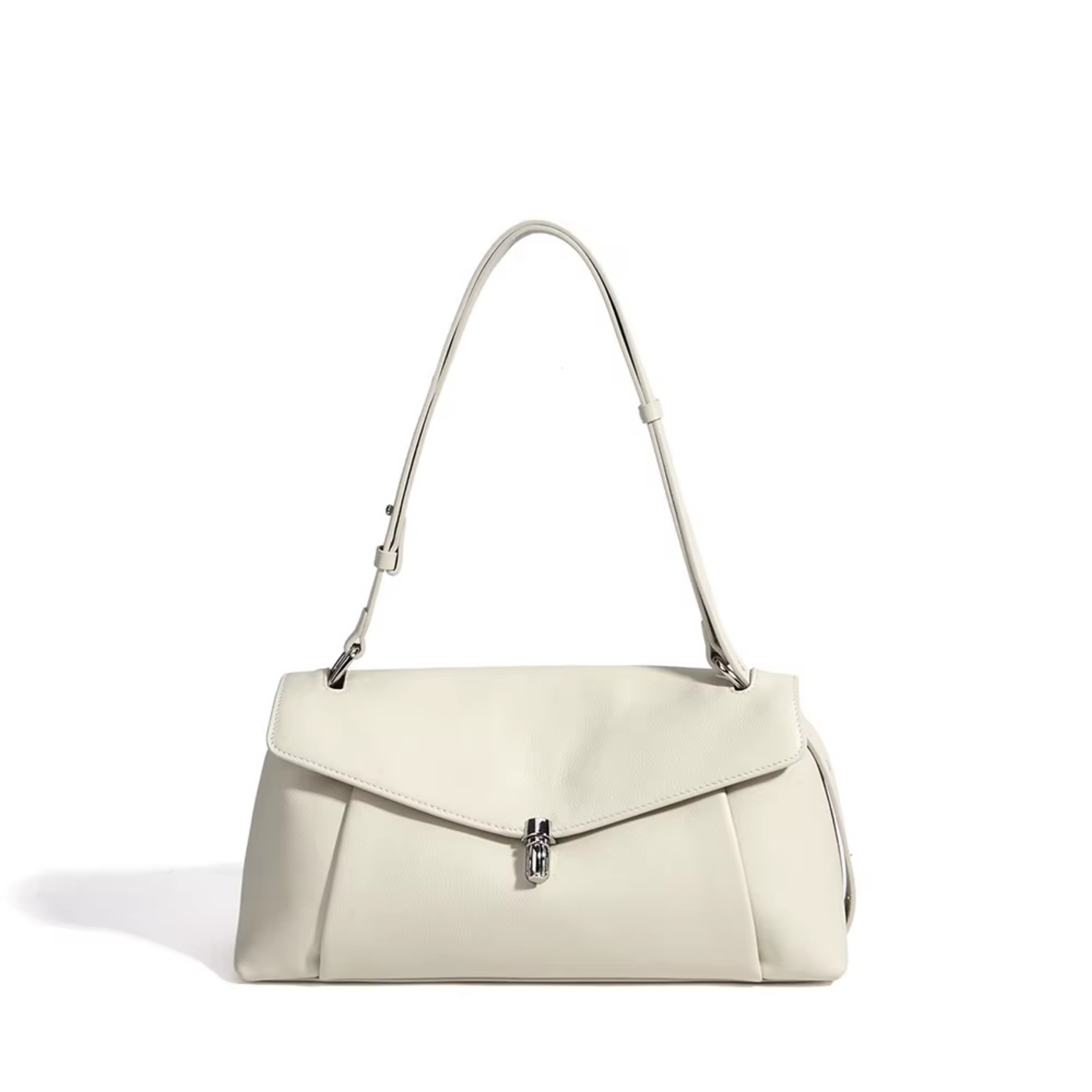 Oat leather shoulder bag with front flap and silver clasp, dual top handles