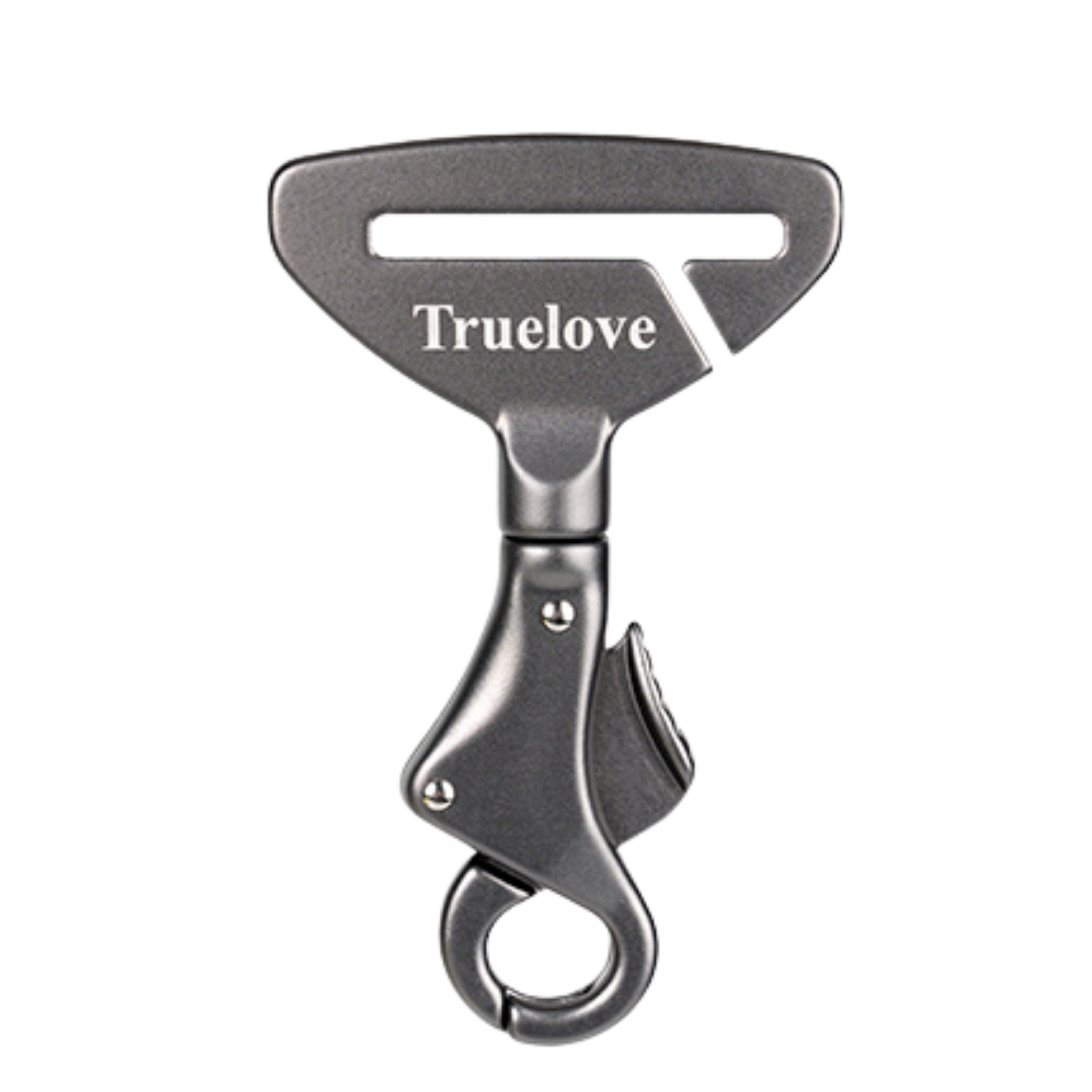 Dark gray seat belt connector with TrueLove logo and metal ring, swivel clip