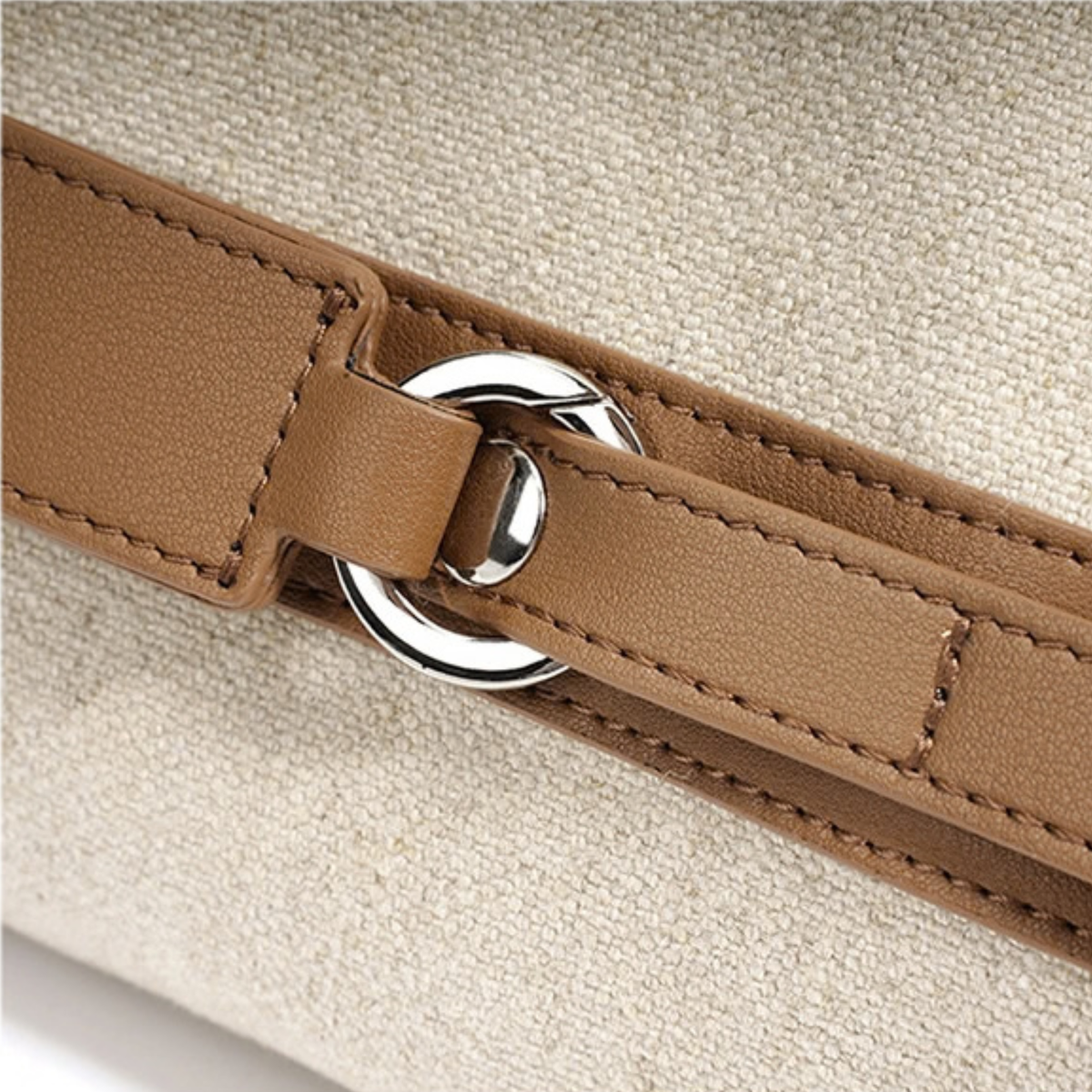 Oat canvas handbag strap connector with cognac leather tab and silver metal ring